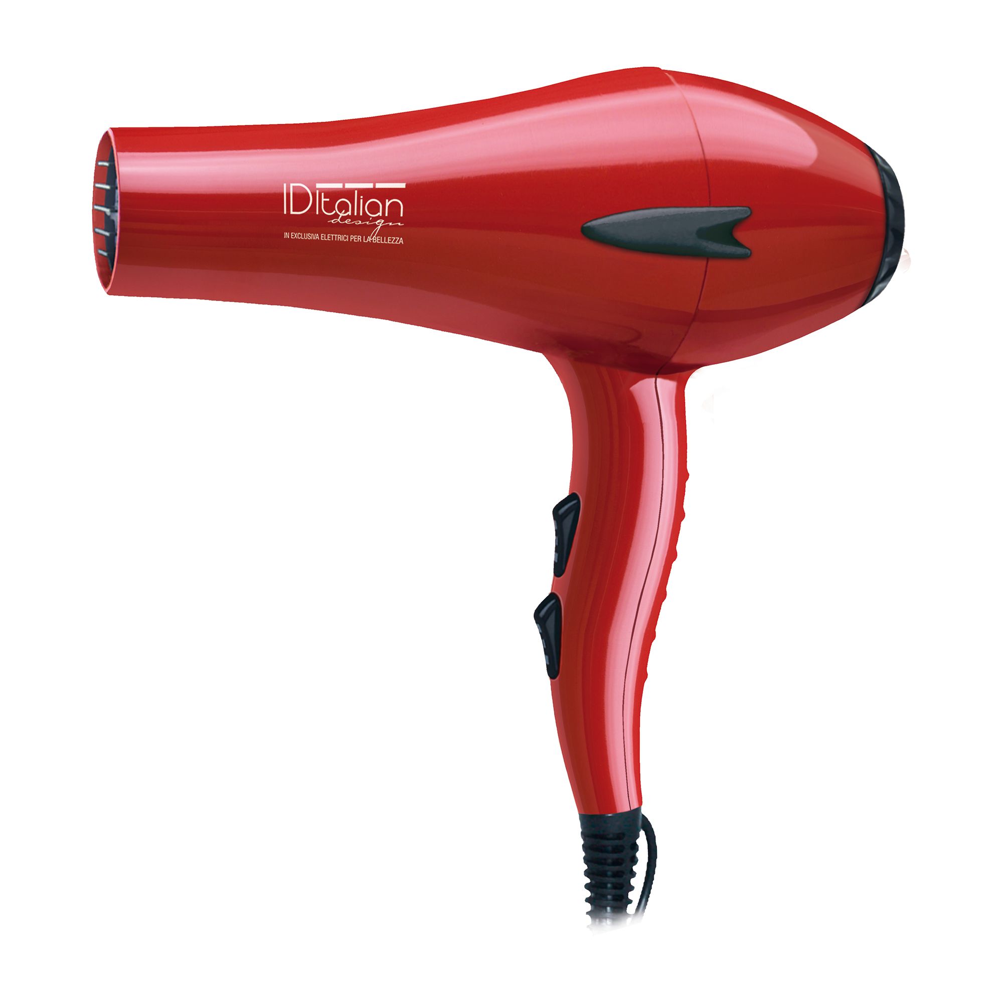 Asciugacapelli rosso con manico nero e controlli. Logo "IDItalian Style" visibile.