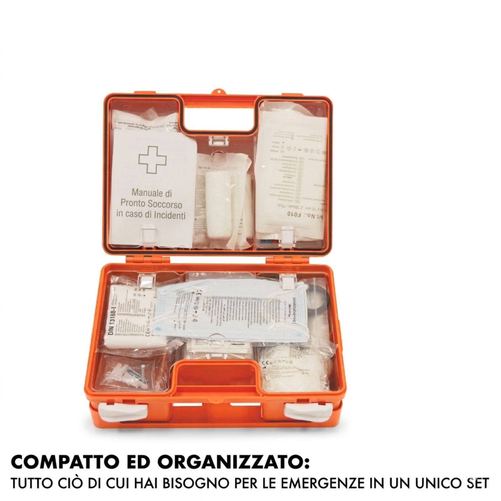 Valigetta di pronto soccorso arancione aperta. Contenuto: bende, istruzioni, ecc. Scritta: Compatto e organizzato.