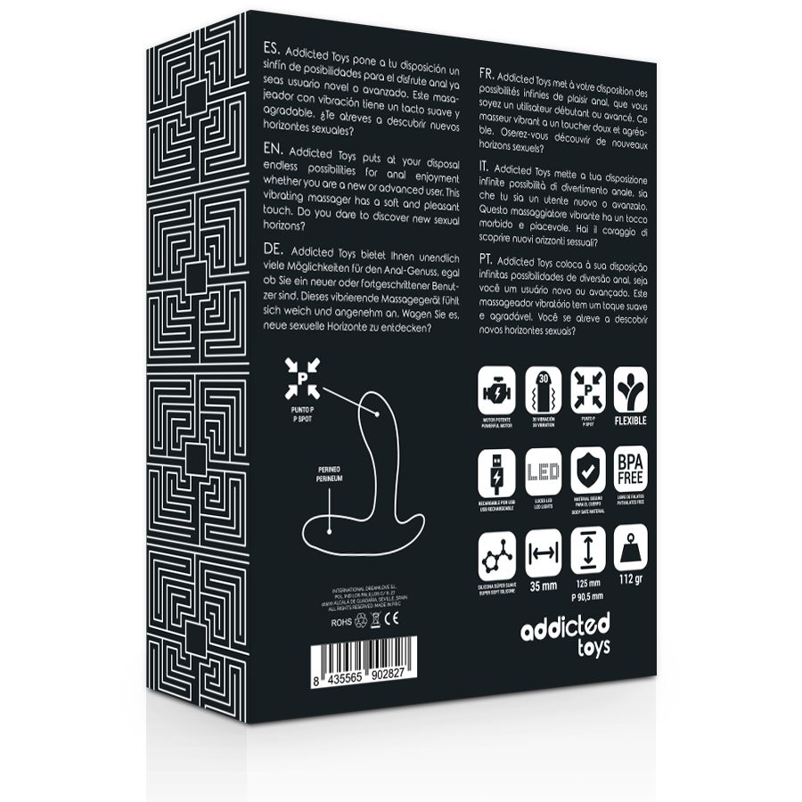 Retro della confezione. Informazioni sul prodotto, loghi, illustrazioni del prodotto e certificazioni. Scritta: Addicted Toys.