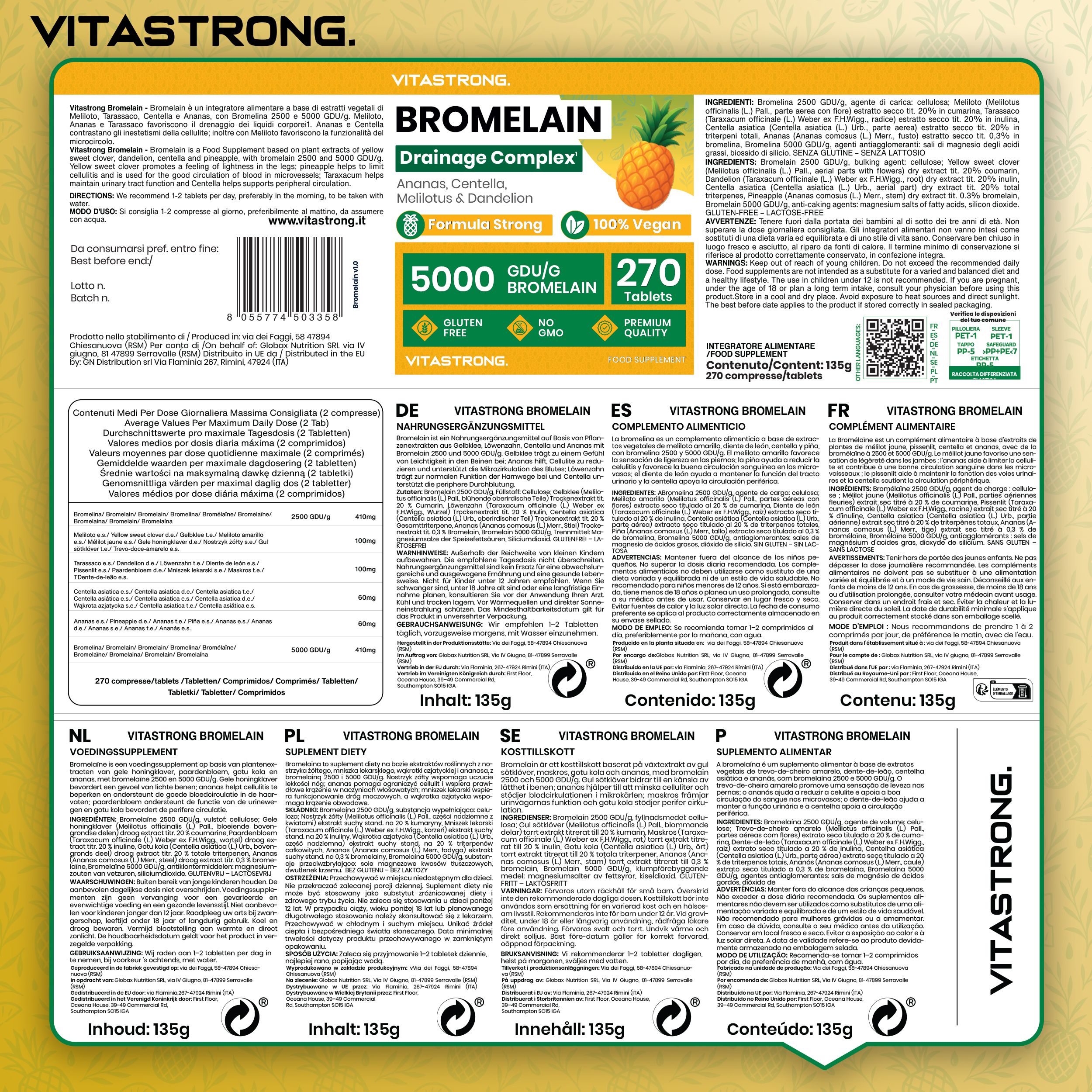 Confezione del prodotto con testo in più lingue. Vitastrong Bromelain Drainage Complex. 270 compresse.