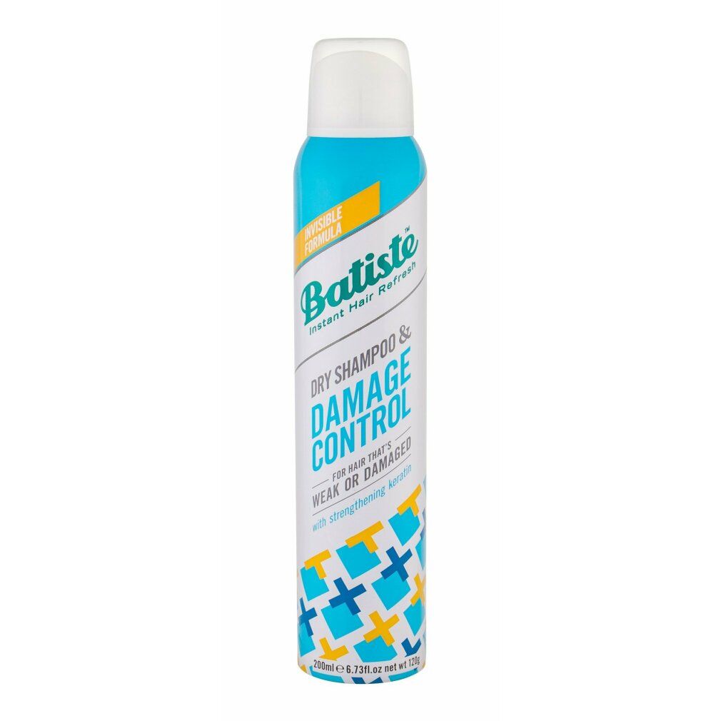 Batiste Dry Shampoo & Damage Control. Flacone spray blu con tappo bianco. Testo: Per capelli deboli o danneggiati.