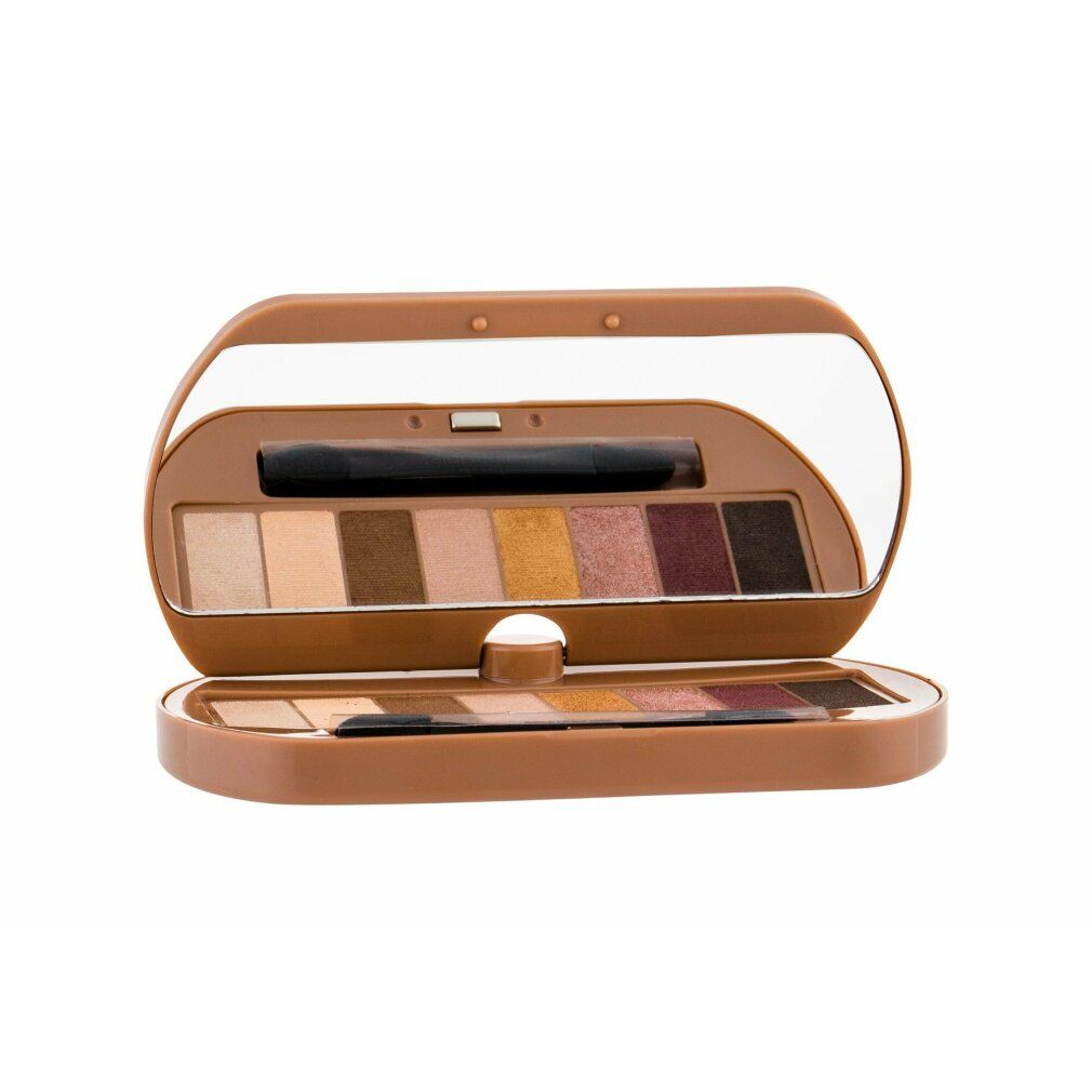 Palette ombretti con specchio e applicatore. Otto tonalità nude. Aperta, con coperchio e specchio.