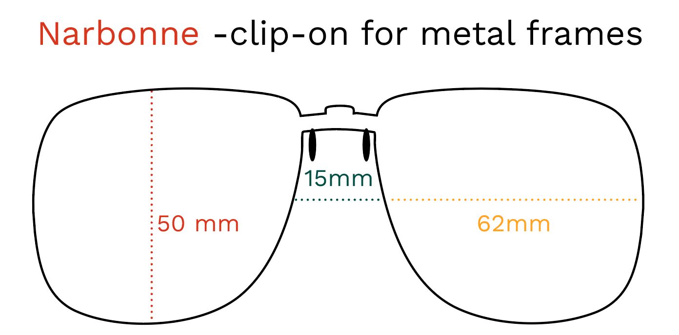 Schizzo degli occhiali da sole Narbonne clip-on. Misure: 50mm, 62mm, 15mm. Testo: Narbonne - clip-on per montature in metallo.