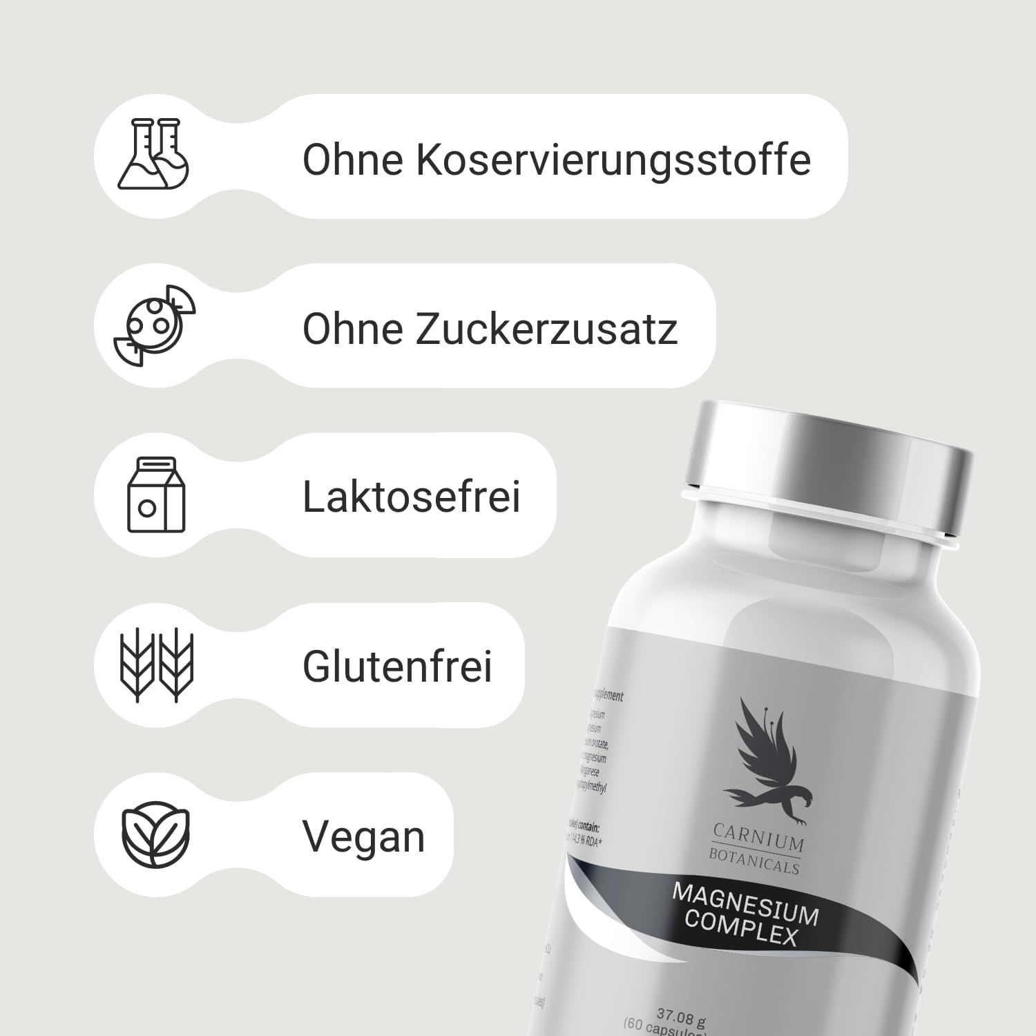 Flacone CARNIUM BOTANICALS Magnesium Complex. Testo: Senza conservanti, zuccheri aggiunti, senza lattosio, senza glutine, vegano.
