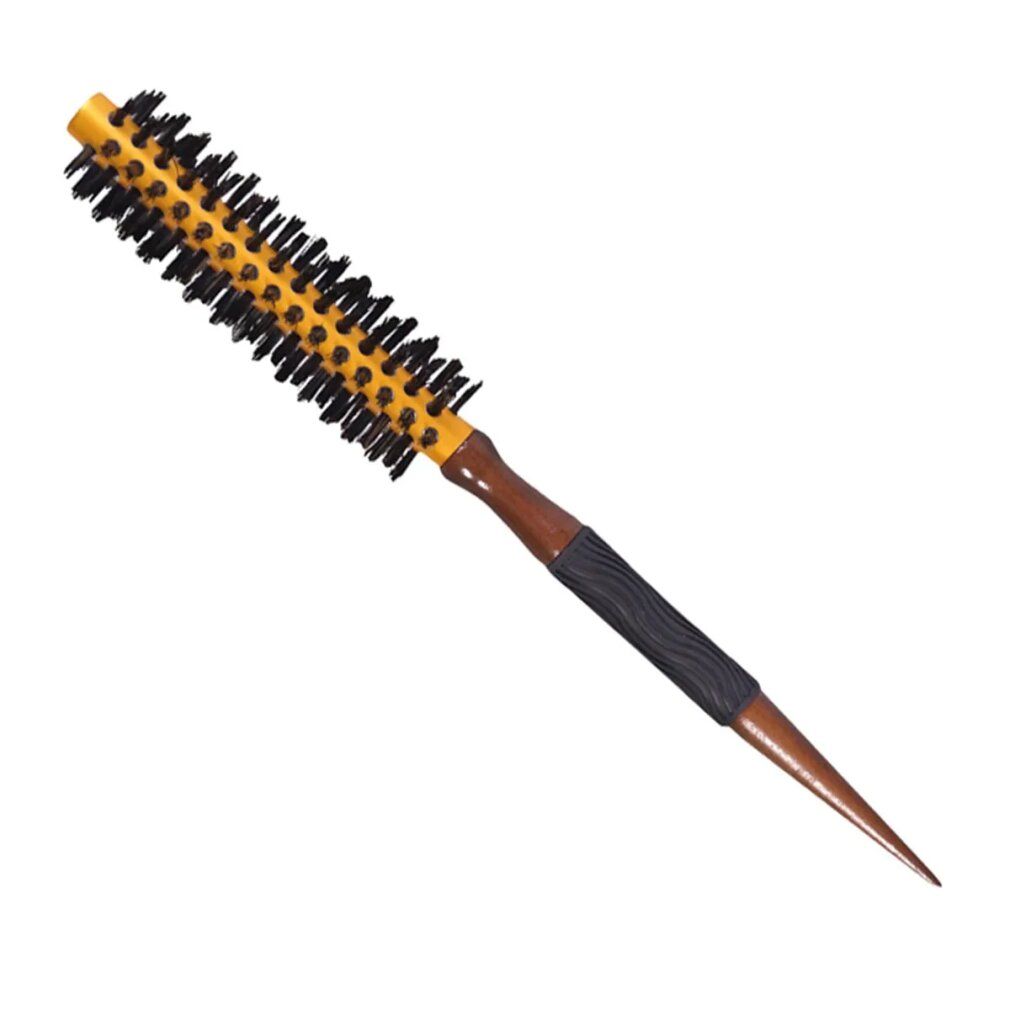 Spazzola rotonda con manico in legno, corpo spazzola giallo e setole nere. Sezione manico nera.