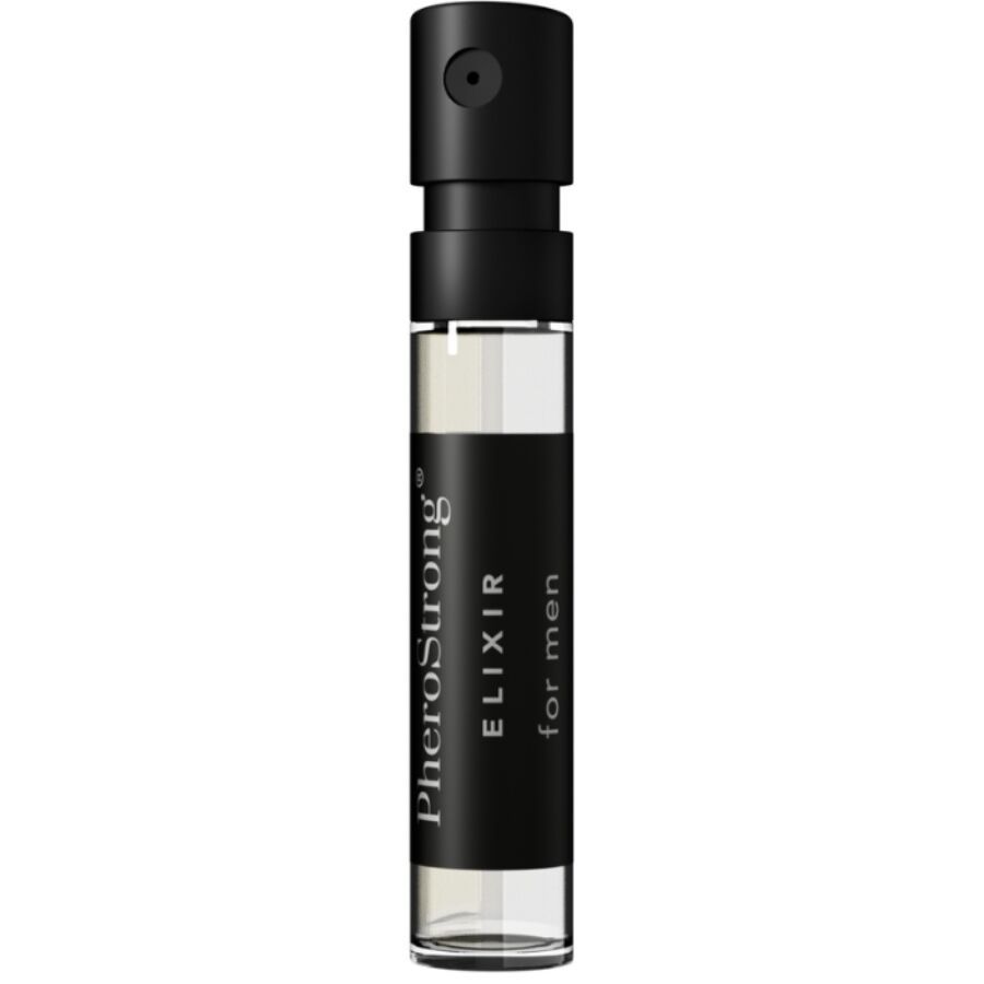 Flacone di profumo PheroStrong Elixir da uomo con spruzzatore nero.