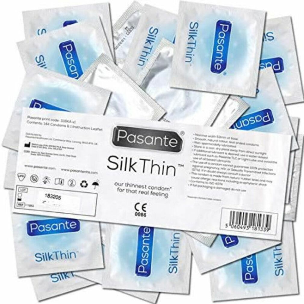 Confezione di preservativi Pasante Silk Thin. Contiene 144 preservativi e un foglietto illustrativo. Marchio CE.