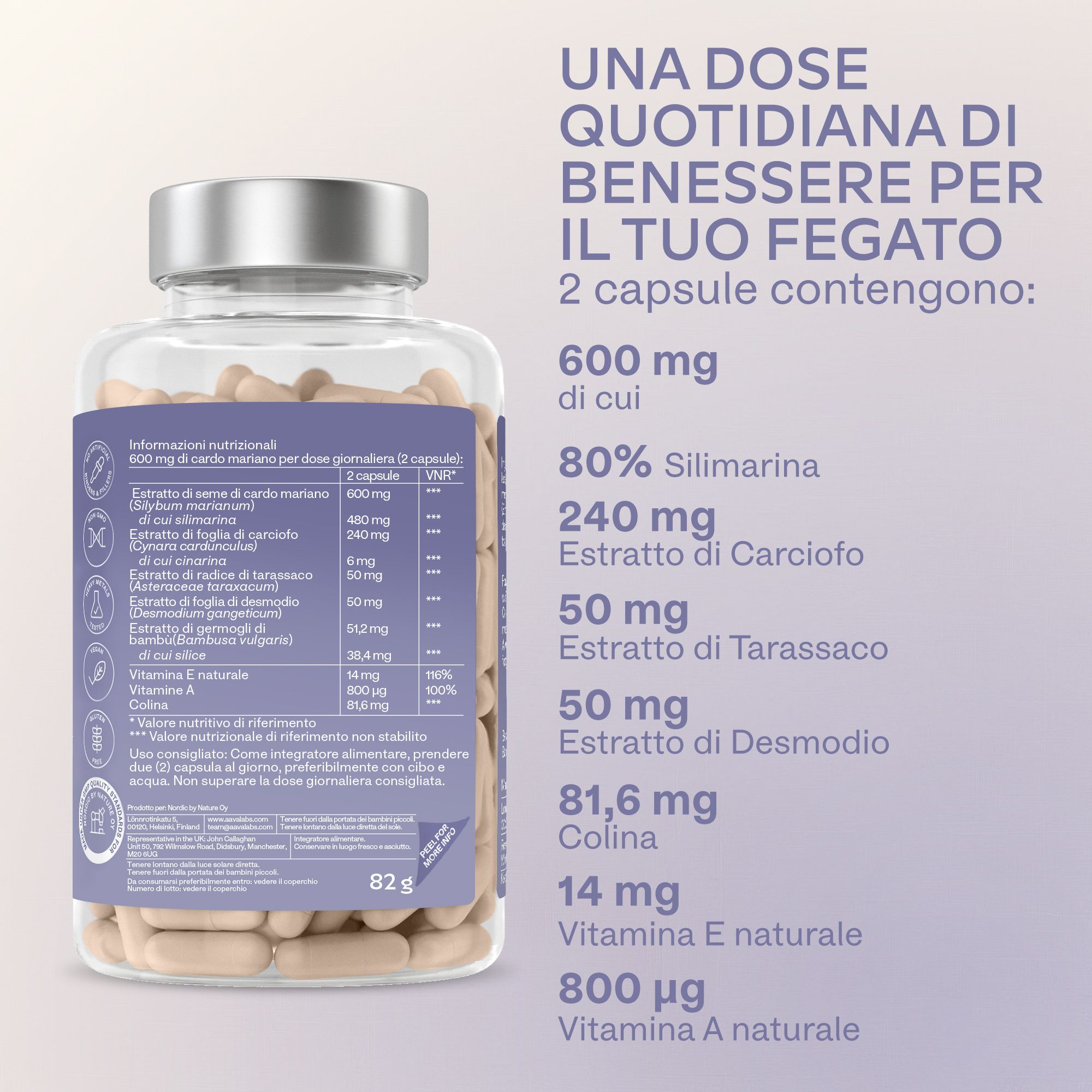 Bottiglia di complesso di estratto di cardo mariano, etichetta italiana, 100% vegano.