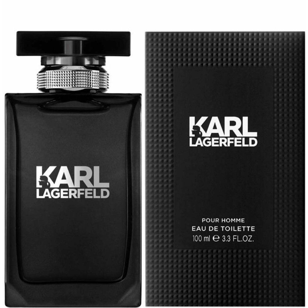 Flacone nero con tappo argentato e confezione nera. Scritta: KARL LAGERFELD.