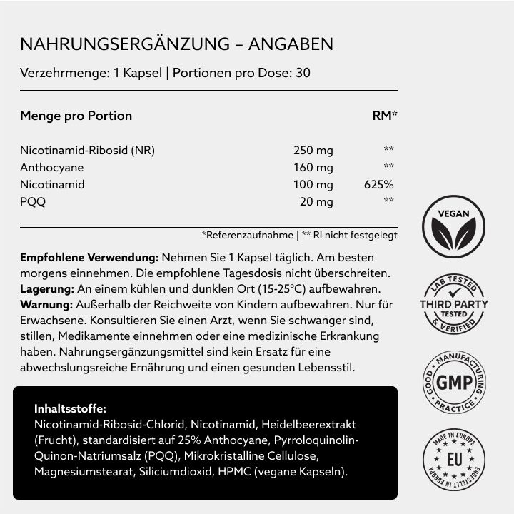 Informazioni sugli integratori alimentari. Testo: 1 capsula, 30 porzioni. Ingredienti. Vegano, testato in laboratorio, GMP, Prodotto in Europa.