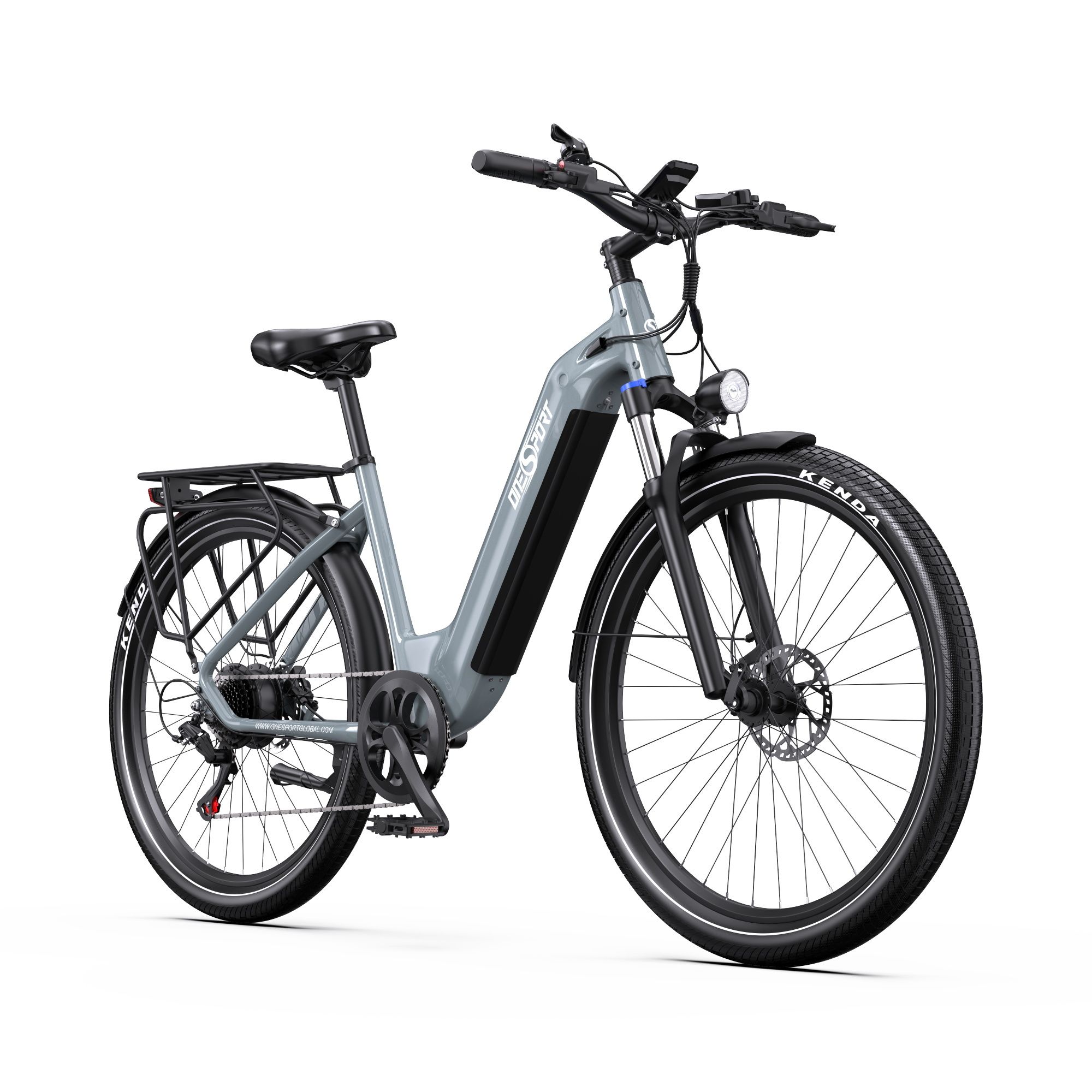 E-bike grigia con portapacchi, sella e pneumatici neri. Marchio ONESPORT visibile.