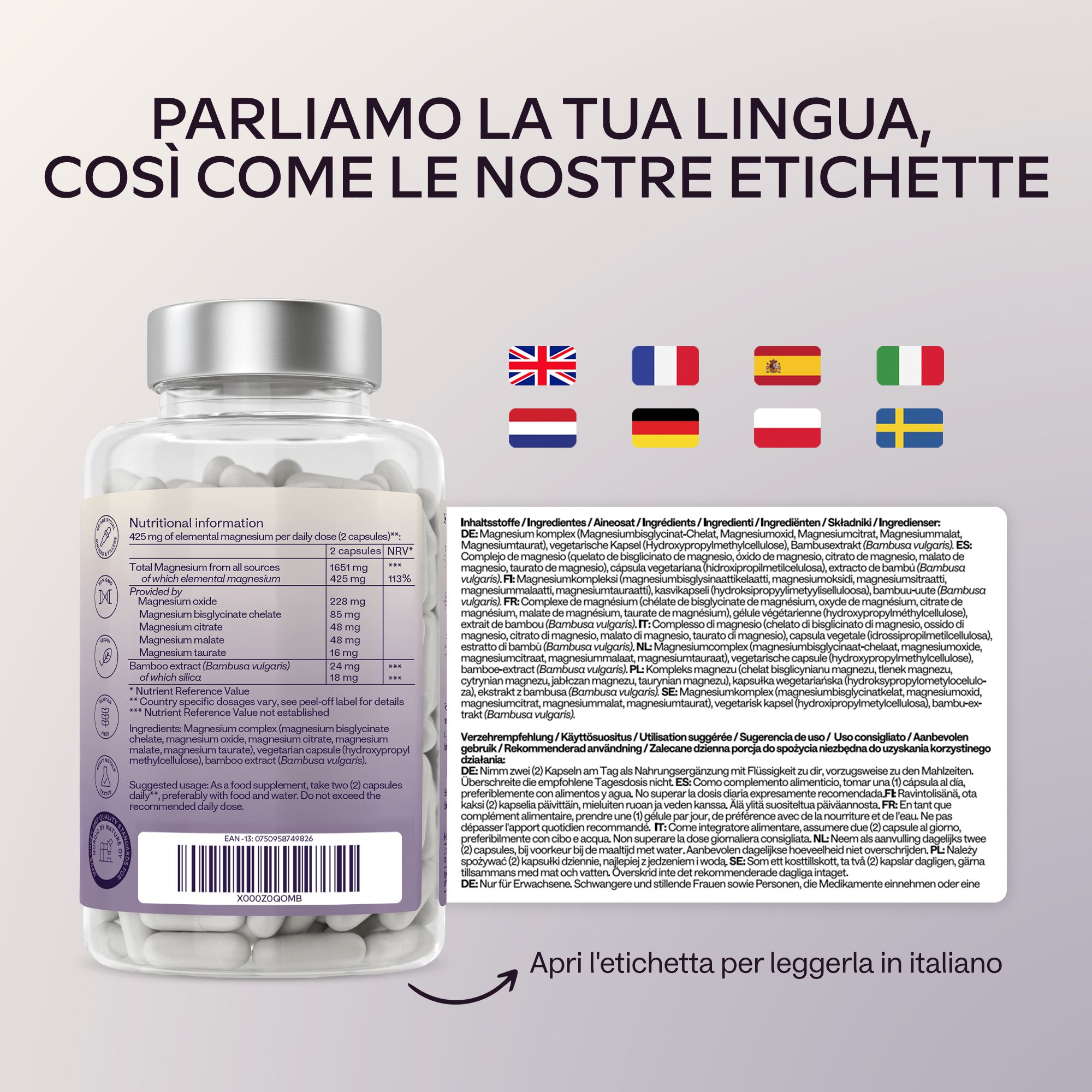 Flacone con capsule e testo. Contiene informazioni sui benefici del prodotto e sugli ingredienti.