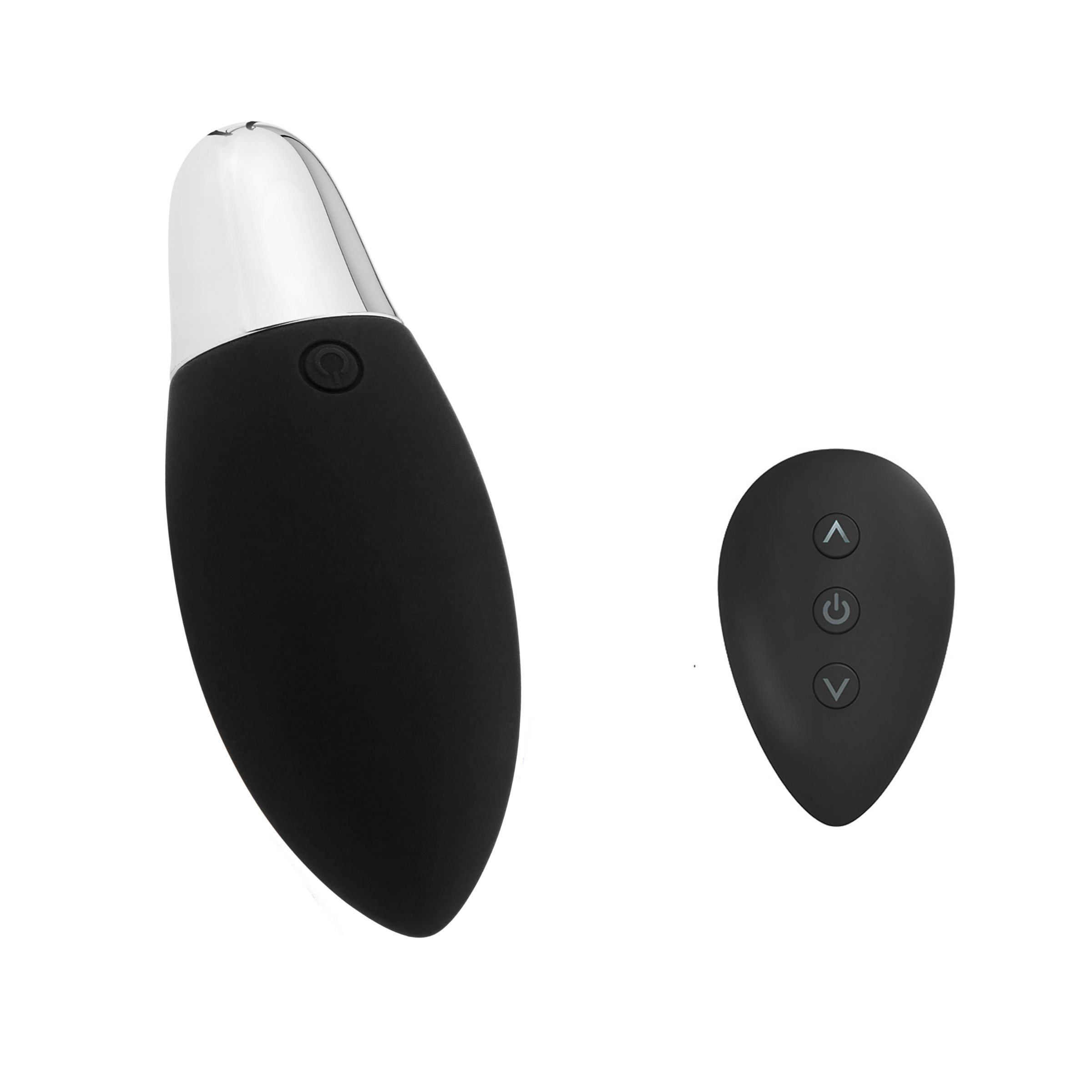 Prodotto nero ovale con testa argentata e telecomando ovale separato con tre pulsanti. Pulsante di accensione/spegnimento visibile.