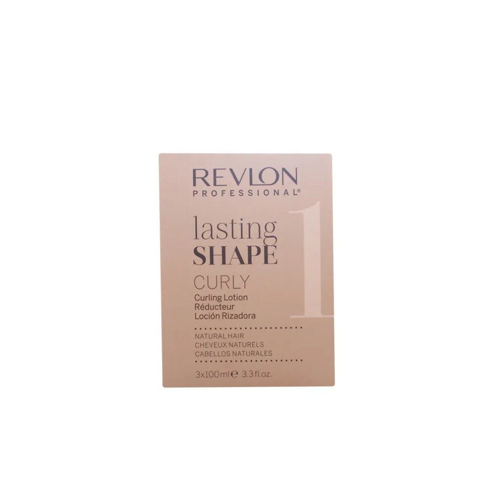 Confezione Revlon Professional Lasting Shape Curly. Curling Lotion. Scritte multilingue. Colore beige.