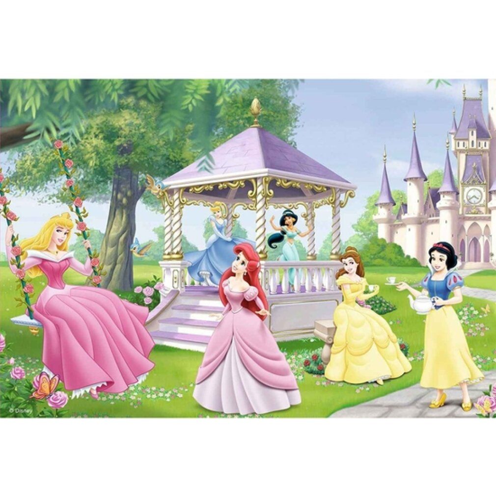 Illustrazione delle Principesse Disney. Principesse in giardino davanti a un gazebo e un castello. Rappresentazione colorata.
