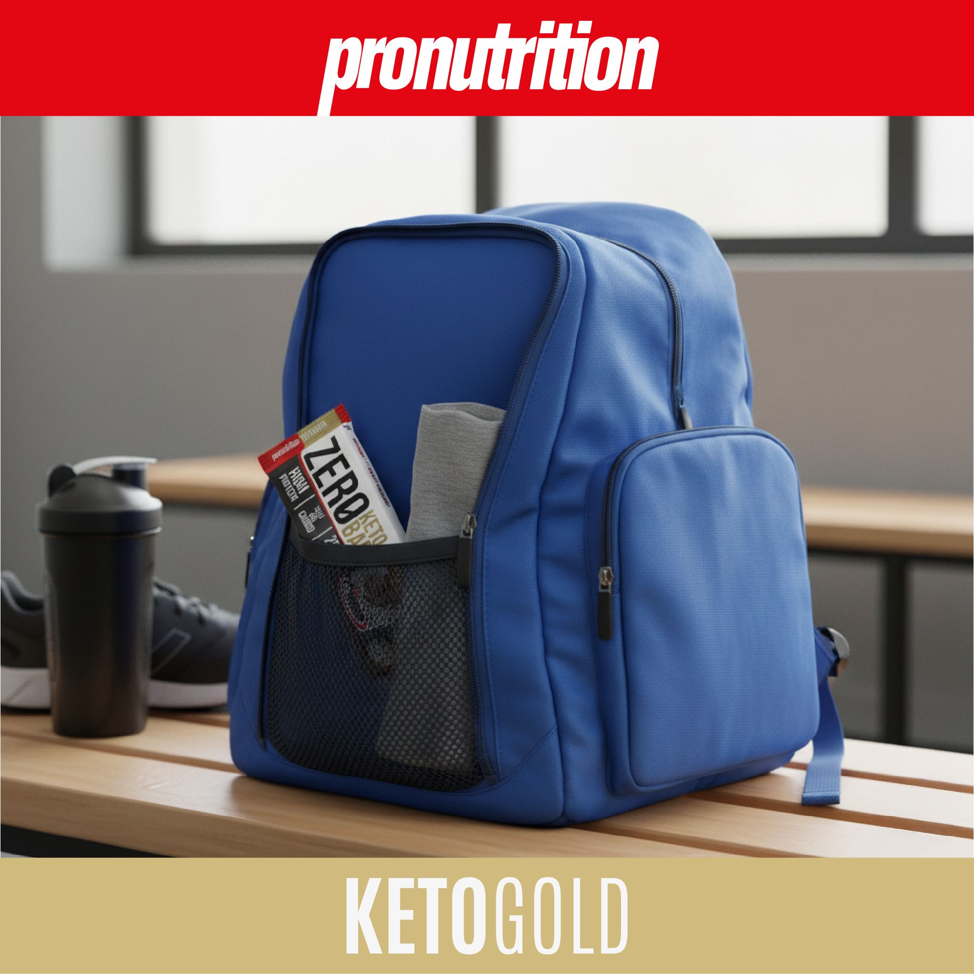 Zaino blu con Pronutrition Zero Keto Bar, asciugamano e shaker. Scritta: Zero Keto Bar.