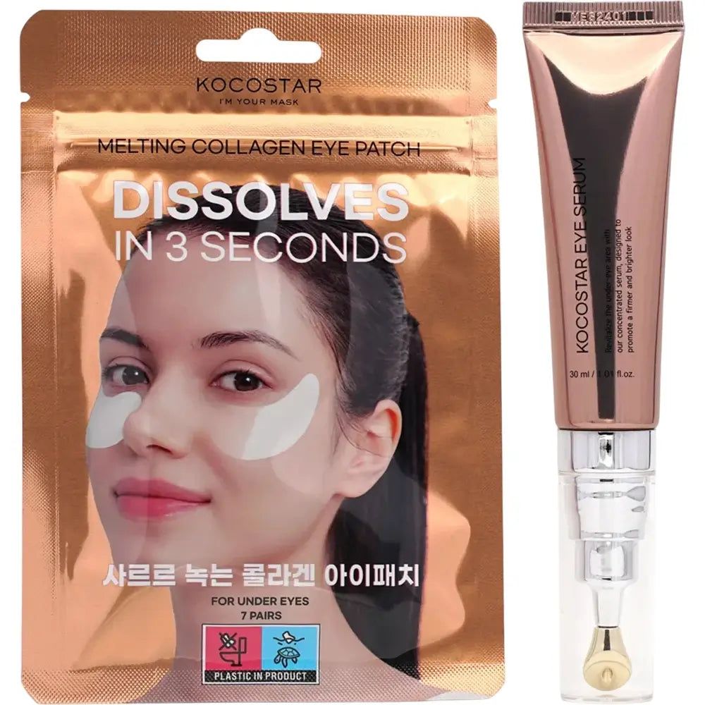 KOCOSTAR Ultimate Care Solution per gli occhi. Confezione con patch e siero. Patch sul viso, siero in tubo. Testo: "Dissolves in 3 seconds".