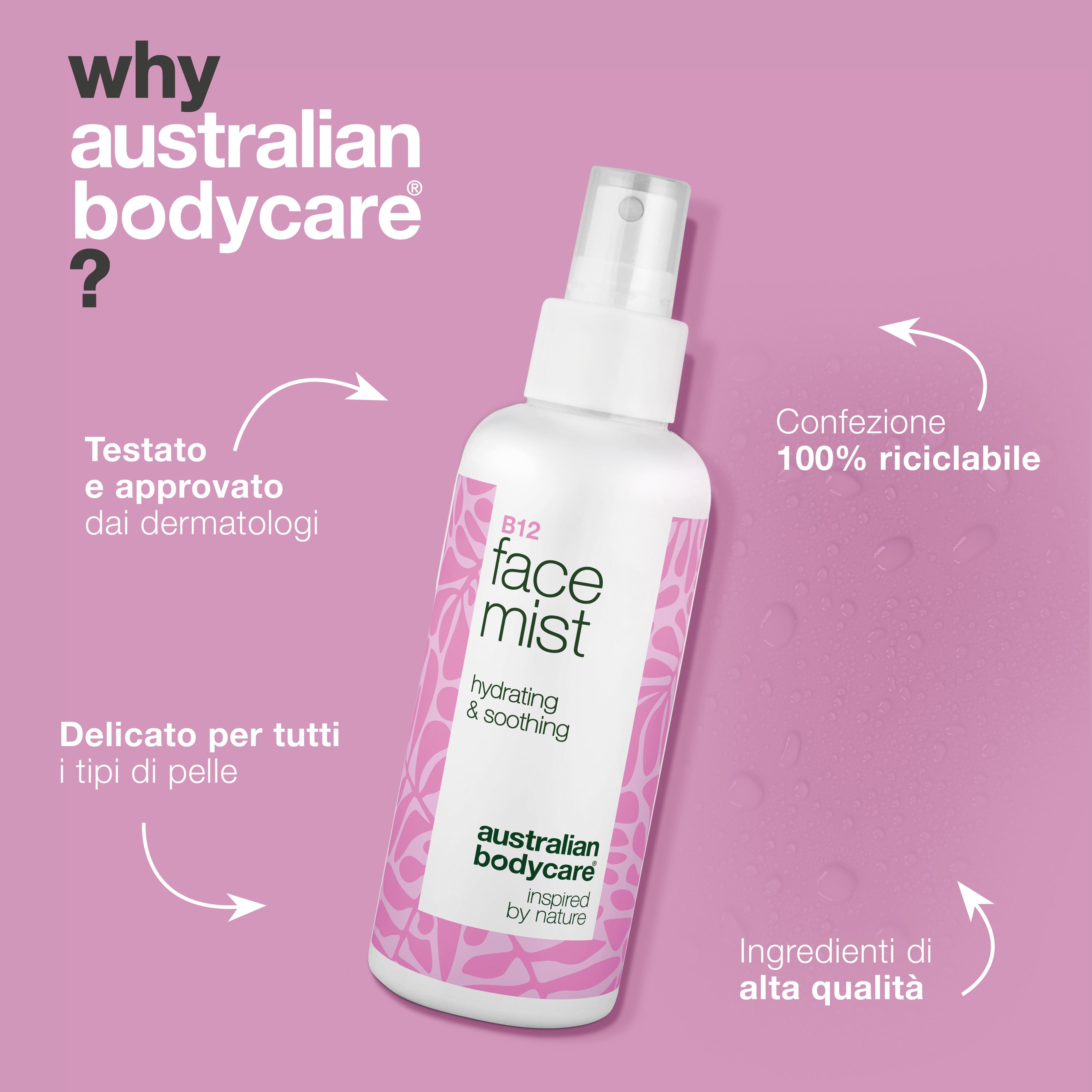 Spray con scritta: B12 face mist, hydrating & soothing. Marchio: Australian Bodycare. Testo: Testato e approvato dai dermatologi.