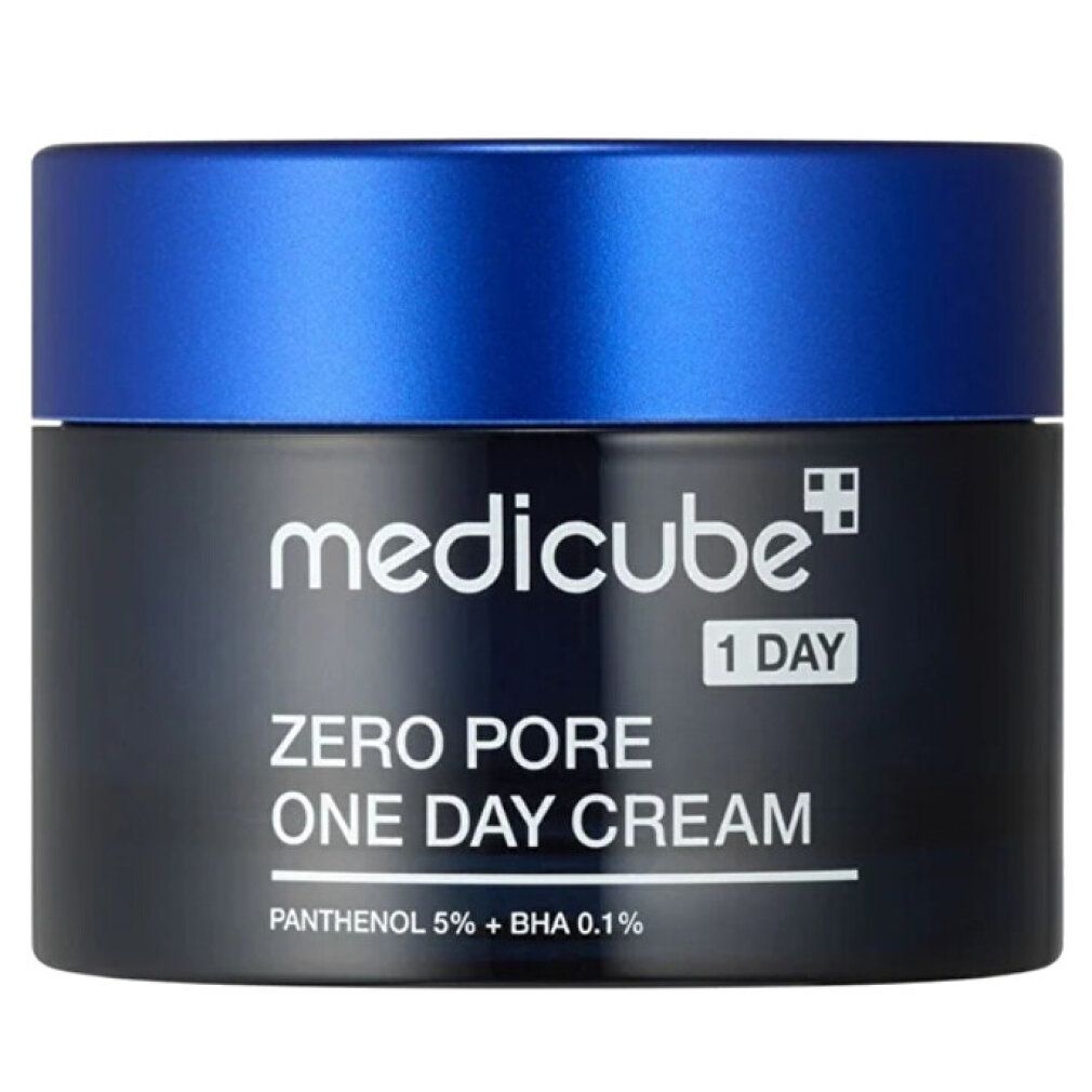 Medicube Zero Pore One Day Cream in vaso nero con tappo blu. Contiene pantenolo e BHA.