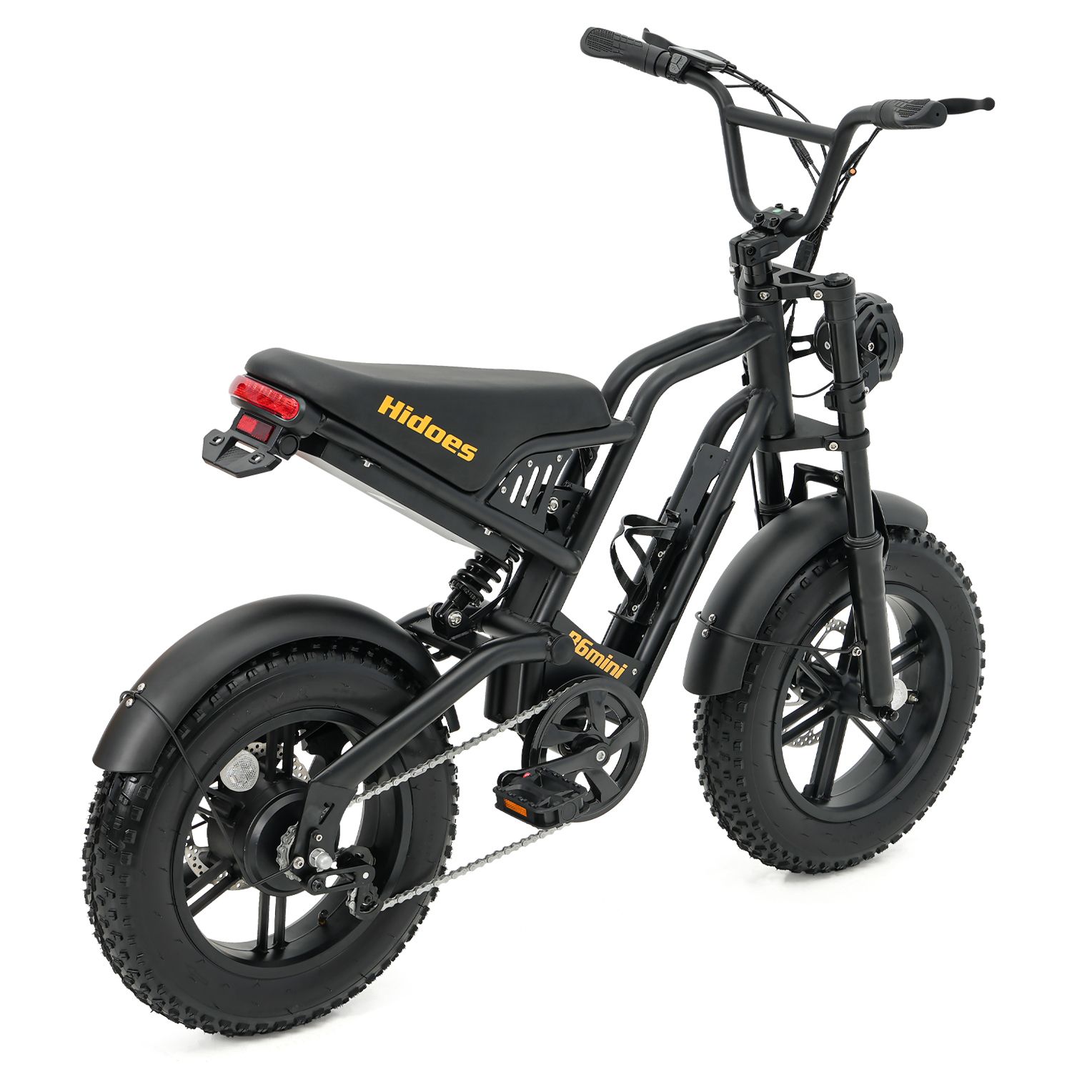 E-bike da montagna nero Hidoes HD-B6mini. Vista posteriore. Visibili: sella, fanale posteriore, parafanghi, pneumatici, catena, pedali, manubrio, faro.