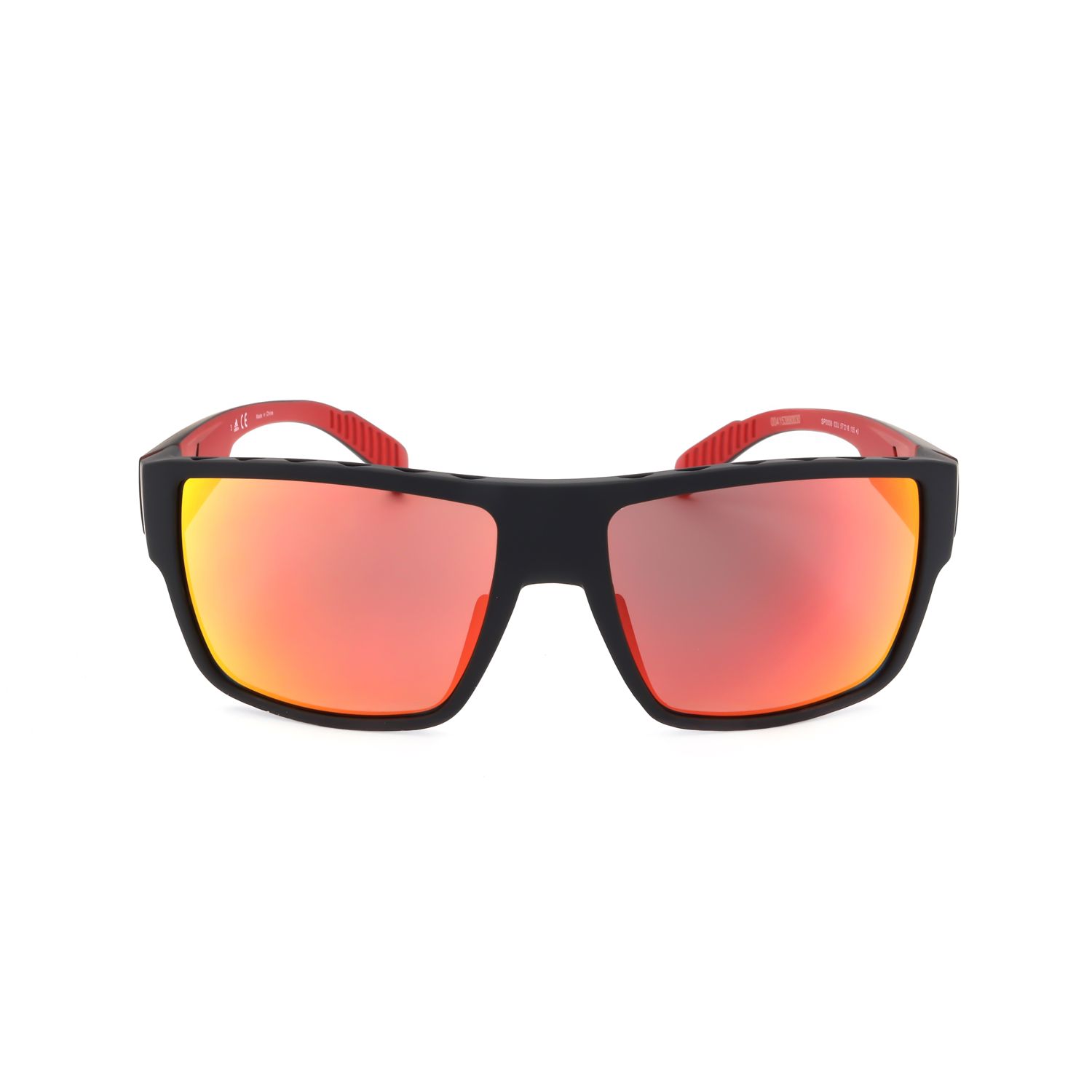 Occhiali da sole neri con aste rosse e lenti rosse a specchio.