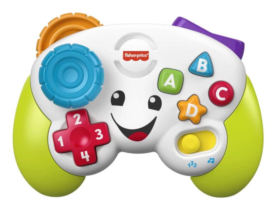 Controller di gioco, bianco, verde, blu, rosso, arancione e viola. Logo Fisher-Price e pulsanti.