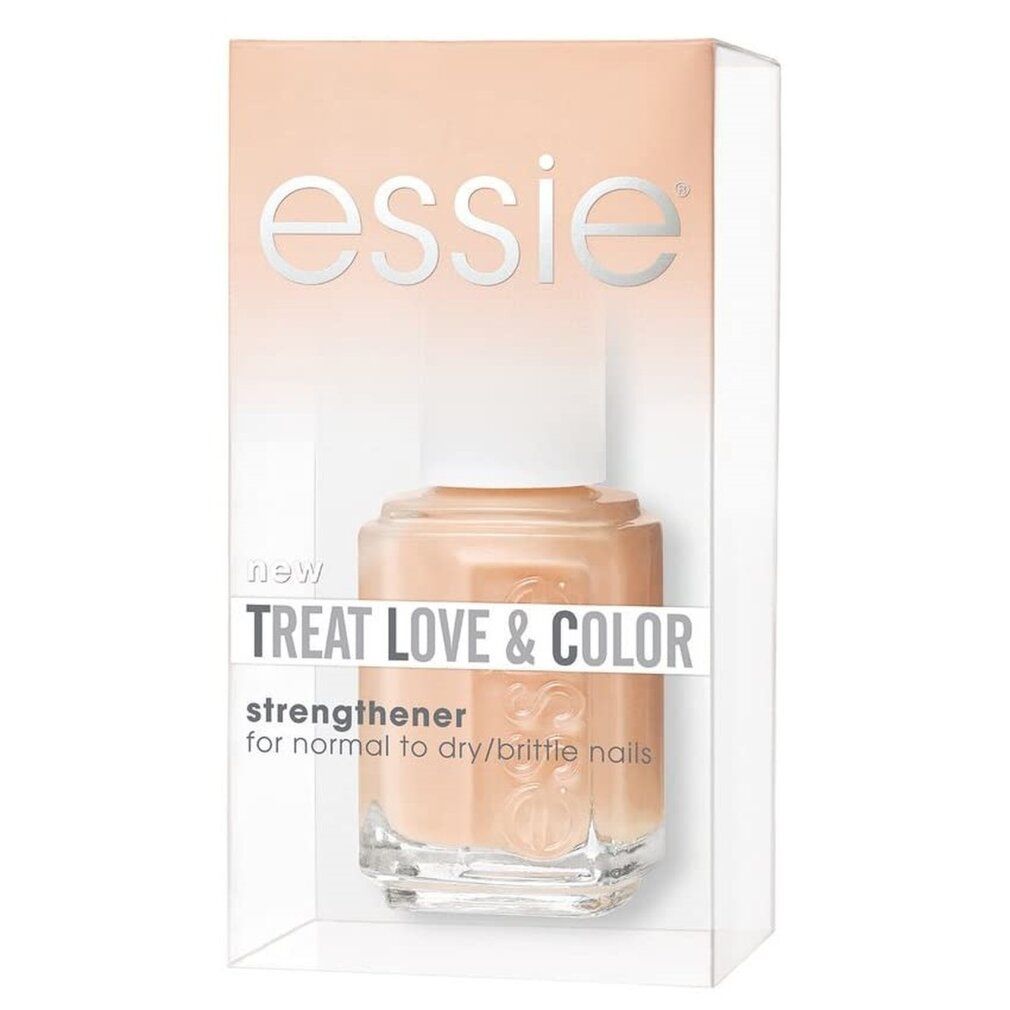 Flacone di smalto in confezione trasparente. Sulla confezione è scritto "essie TREAT LOVE & COLOR".