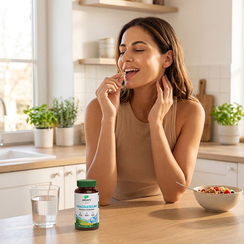 Donna che assume una capsula di Nature's Finest Magnesiumcitrate, con accanto una bottiglia e una ciotola di cereali.