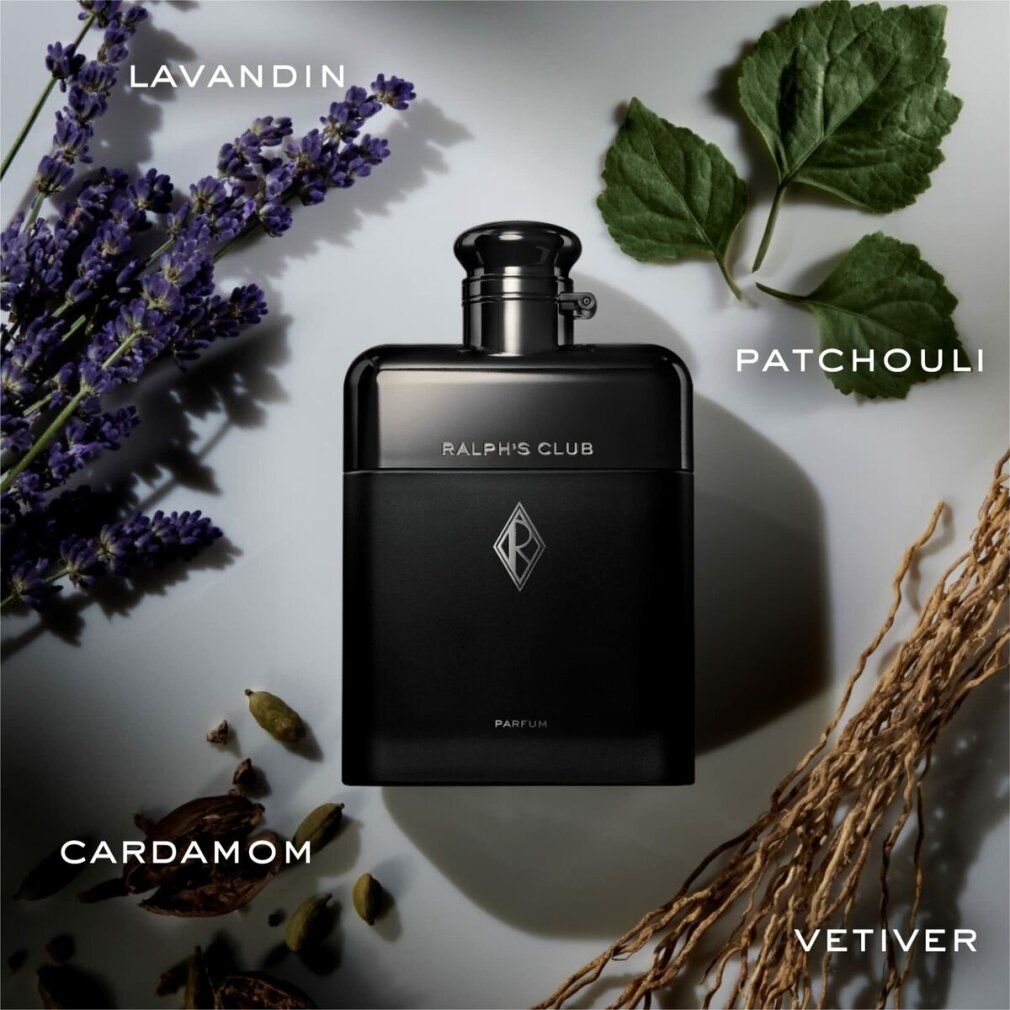 Flacone nero con ingredienti: lavanda, patchouli, cardamomo e vetiver.