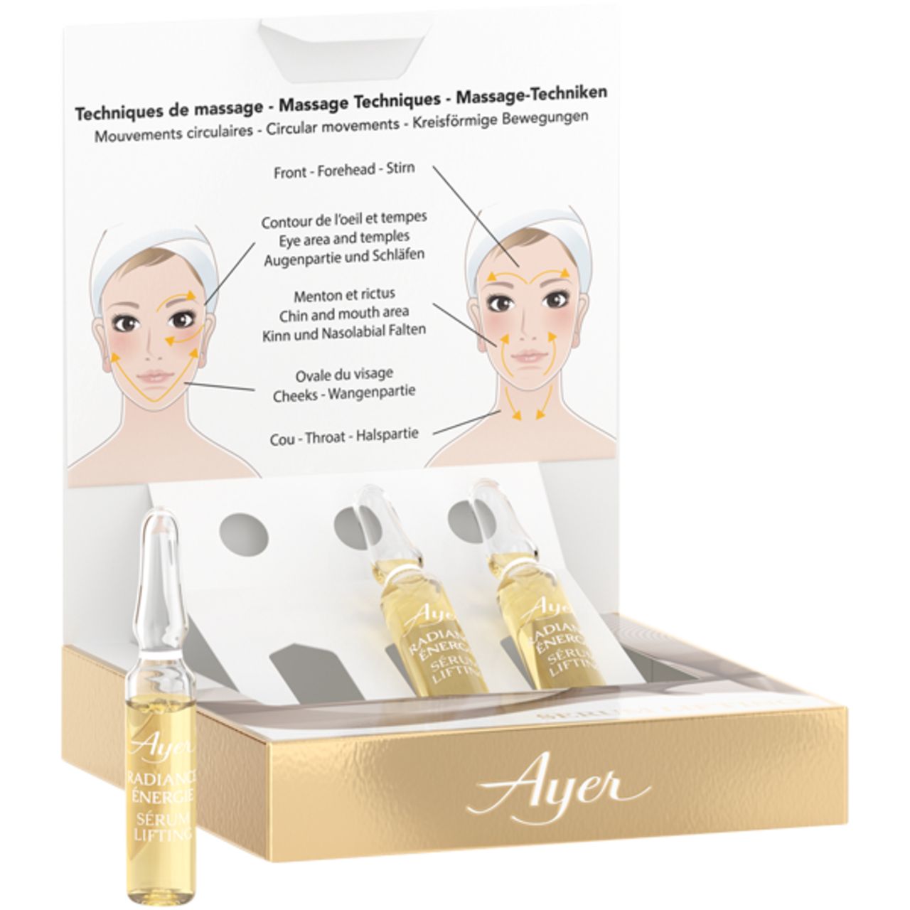 Confezione con tre fiale Ayer Radiance Energy Lifting Serum. Una fiala sporge. Confezione dorata.
