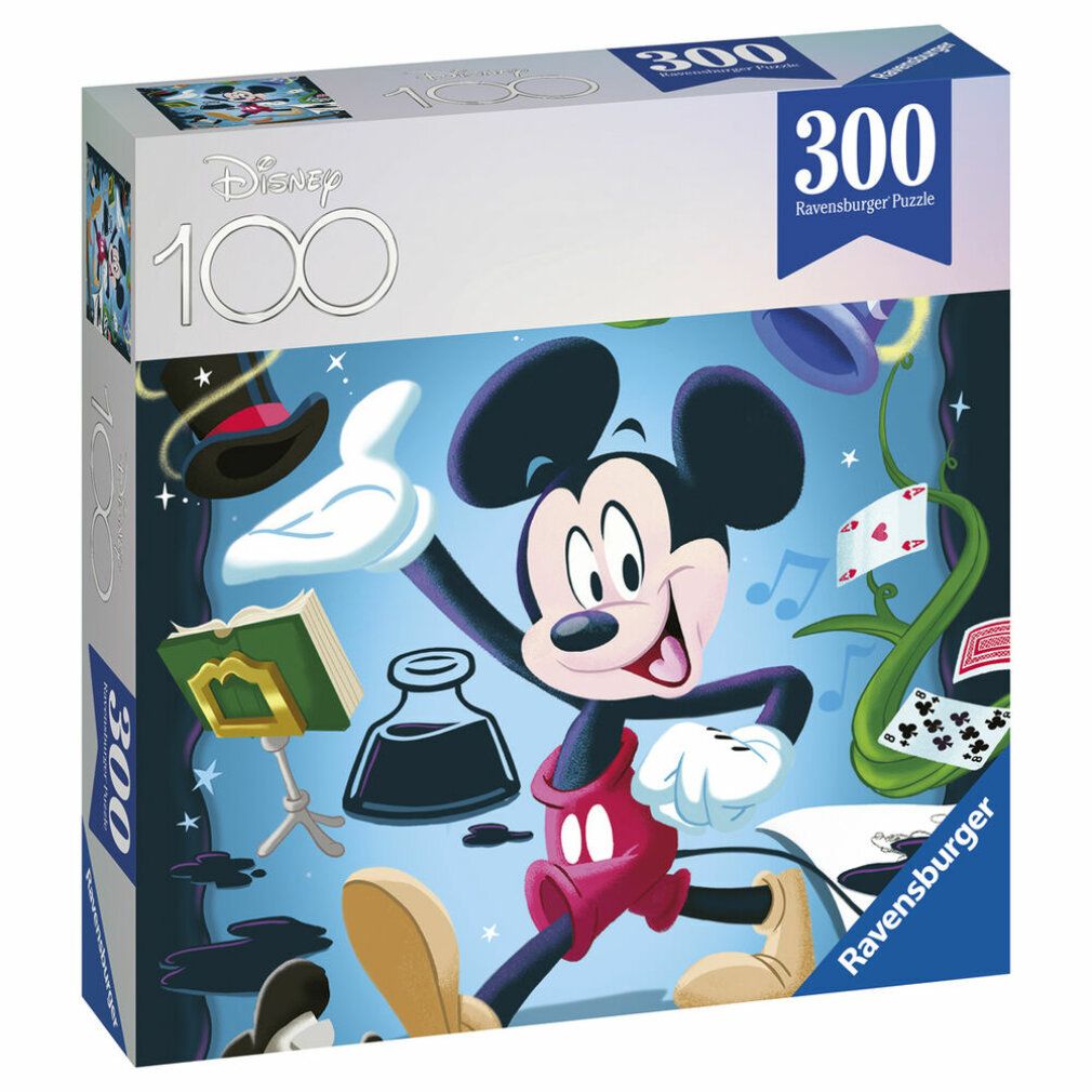 Scatola puzzle con motivo Topolino. Scritte Disney 100 e 300 Ravensburger Puzzle. Motivo Topolino sulla scatola.