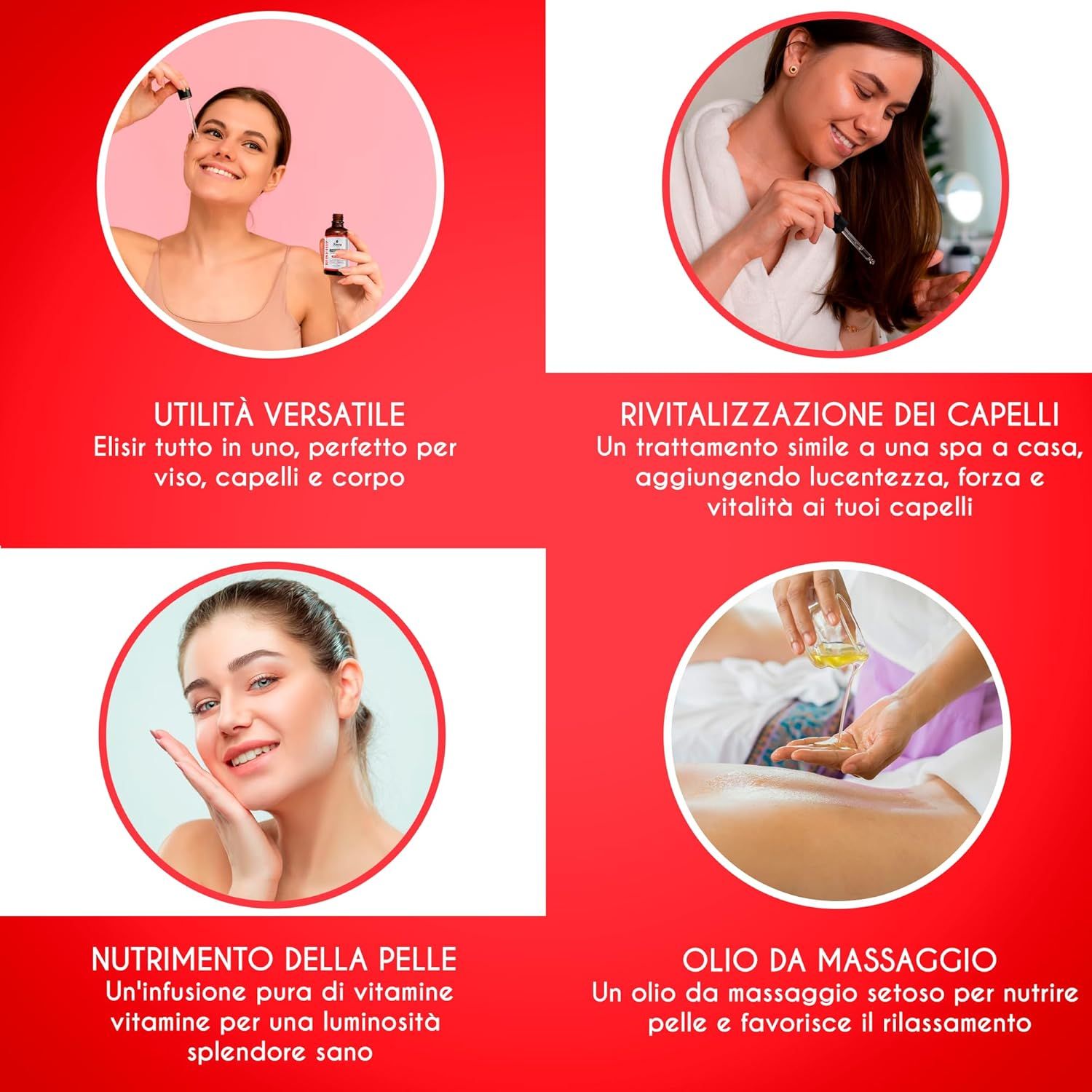 Quattro immagini. Donna con olio, donna con viso, donna con capelli, donna con massaggio. Testo: Versatilità, rivitalizzazione, nutrimento, olio da massaggio.