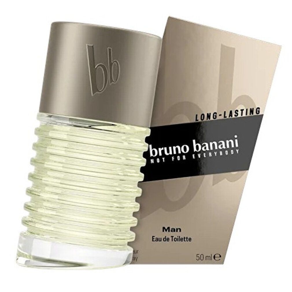 Flacone Bruno Banani Man Eau de Toilette 50ml e confezione dorata con striscia nera.