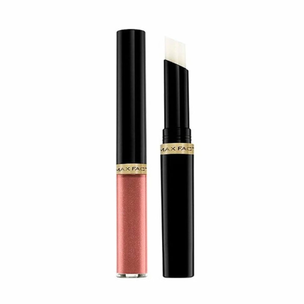 Due prodotti Lipfinity Lipcolour. A sinistra: contenitore Lipcolour. A destra: contenitore Topcoat. Entrambi neri con dettagli dorati.