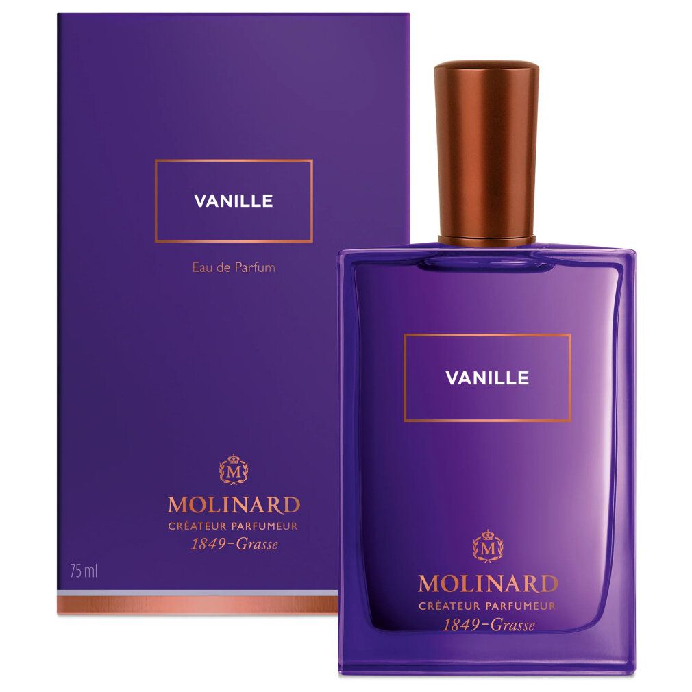 Flacone e confezione viola. Scritta: Vanille, Eau de Parfum. Marchio: Molinard. Tappo marrone. Forma rettangolare.