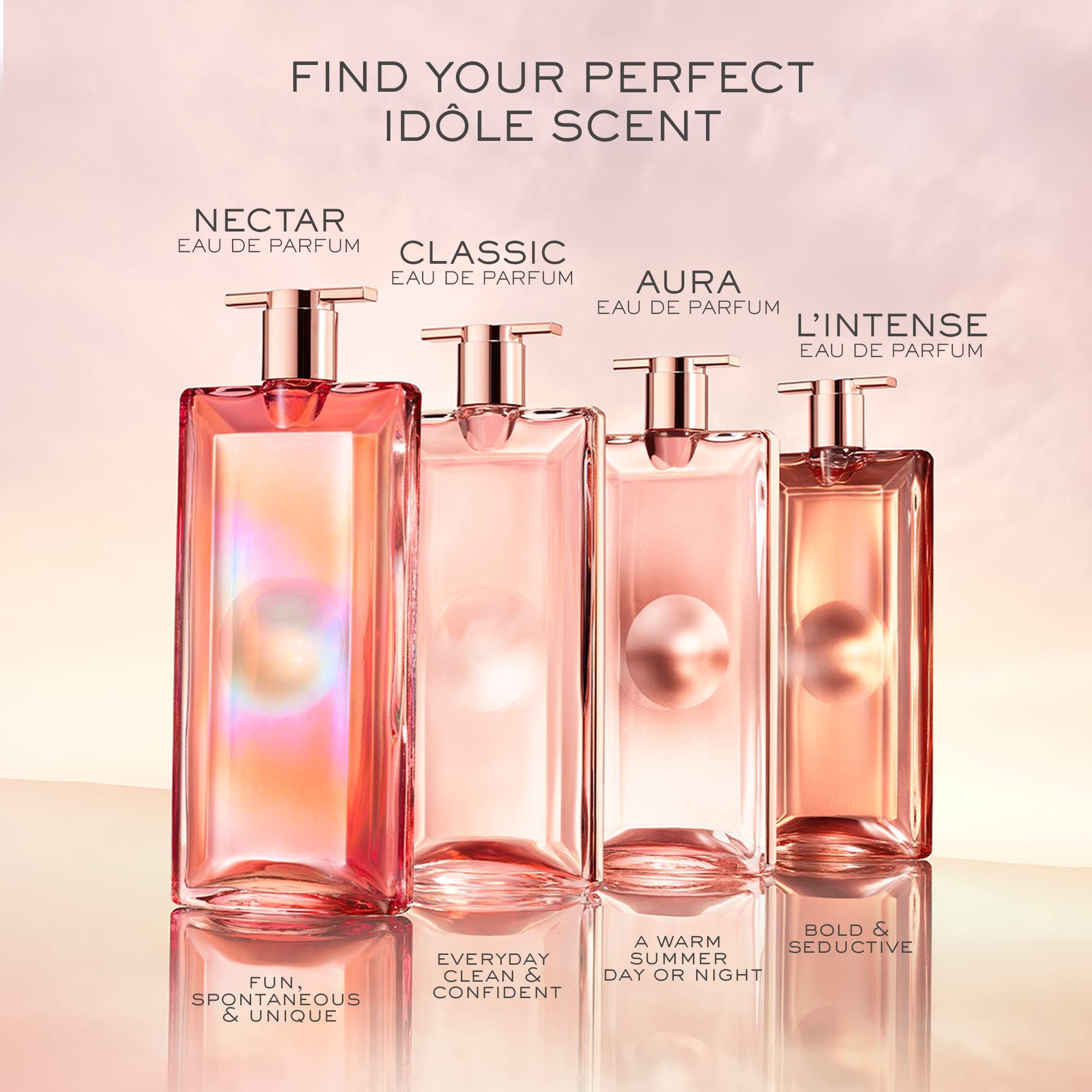 Quattro flaconi di profumo rosa con diverse fragranze. Testo: 'NECTAR', 'CLASSIC', 'AURA', 'L'INTENSE' e descrizioni.