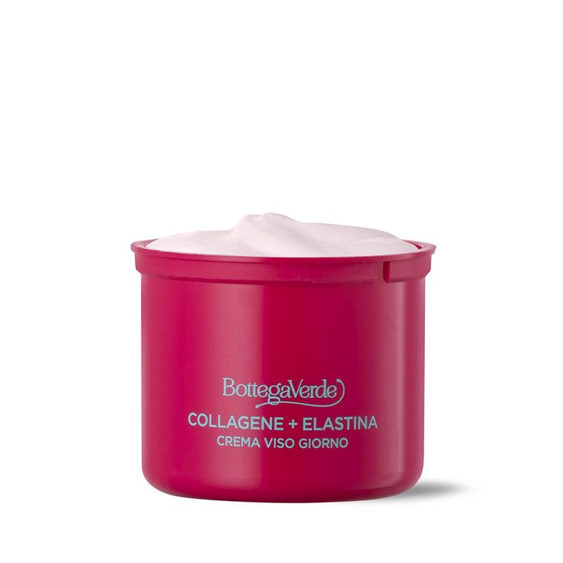 Vaso rosso con crema bianca. Testo: Bottega Verde, Collagene + Elastina, Crema viso giorno.