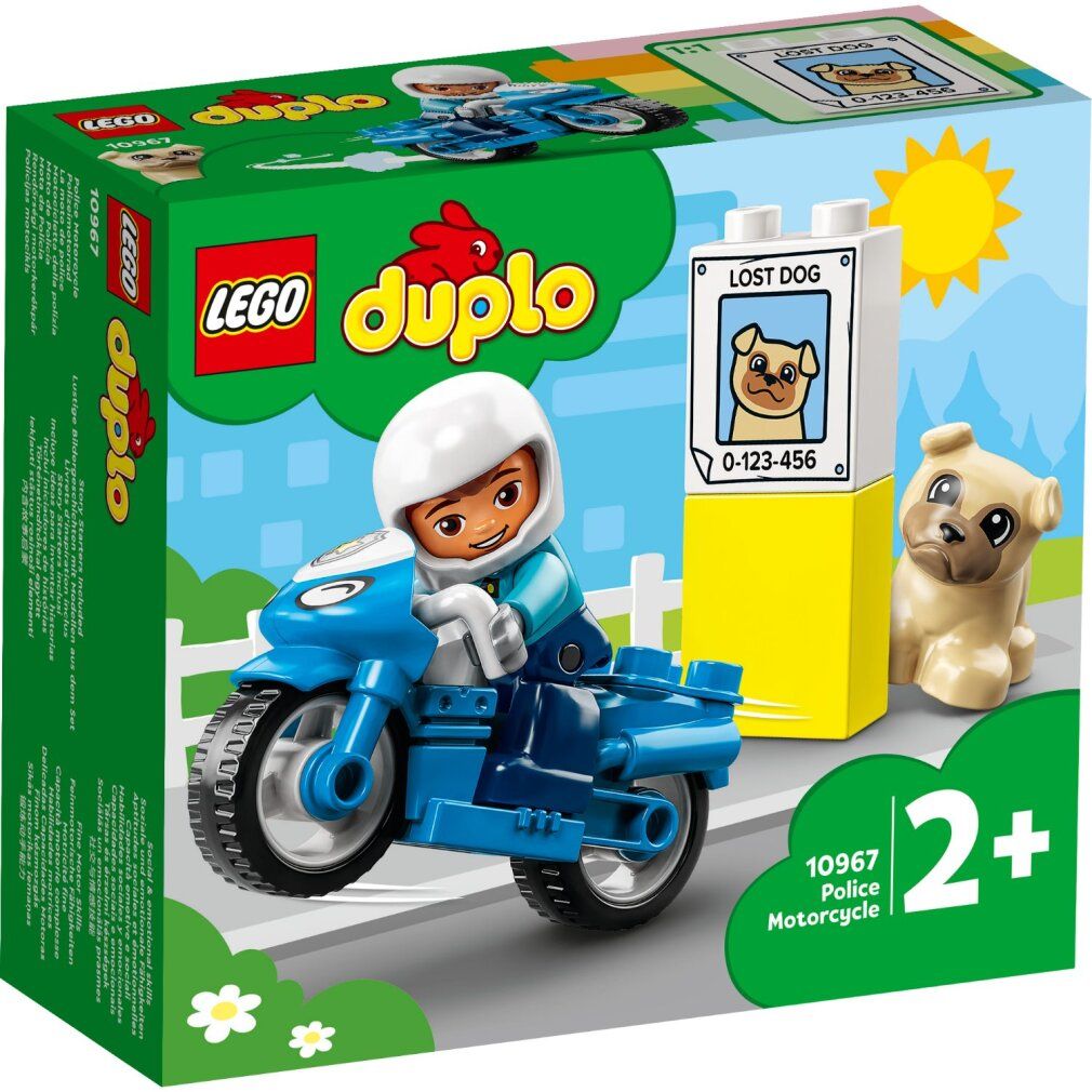 Set LEGO Duplo con moto della polizia blu, pilota, cartello giallo "LOST DOG" e cane. Imballaggio visibile.