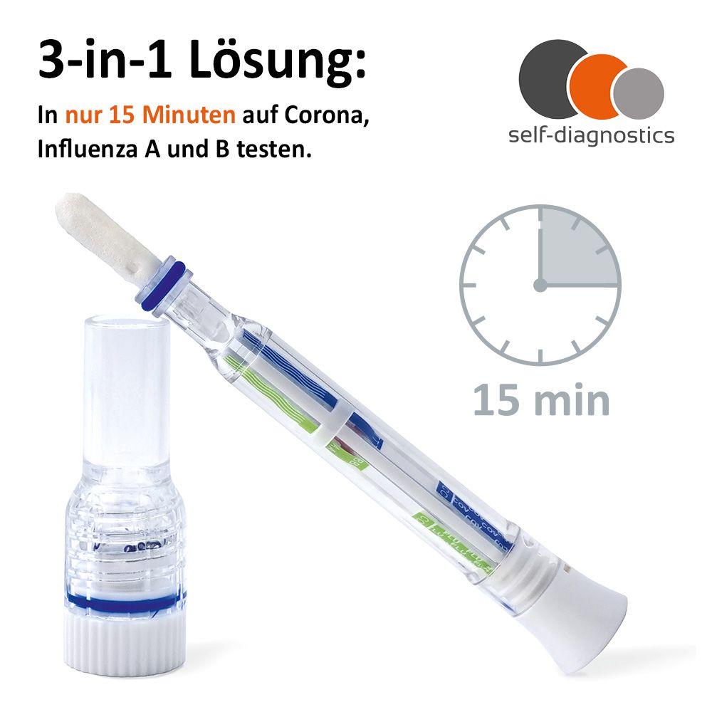 Provette con soluzione tampone. Segni verdi e blu. Marchio: self-diagnostics. Risultato in 15 minuti.