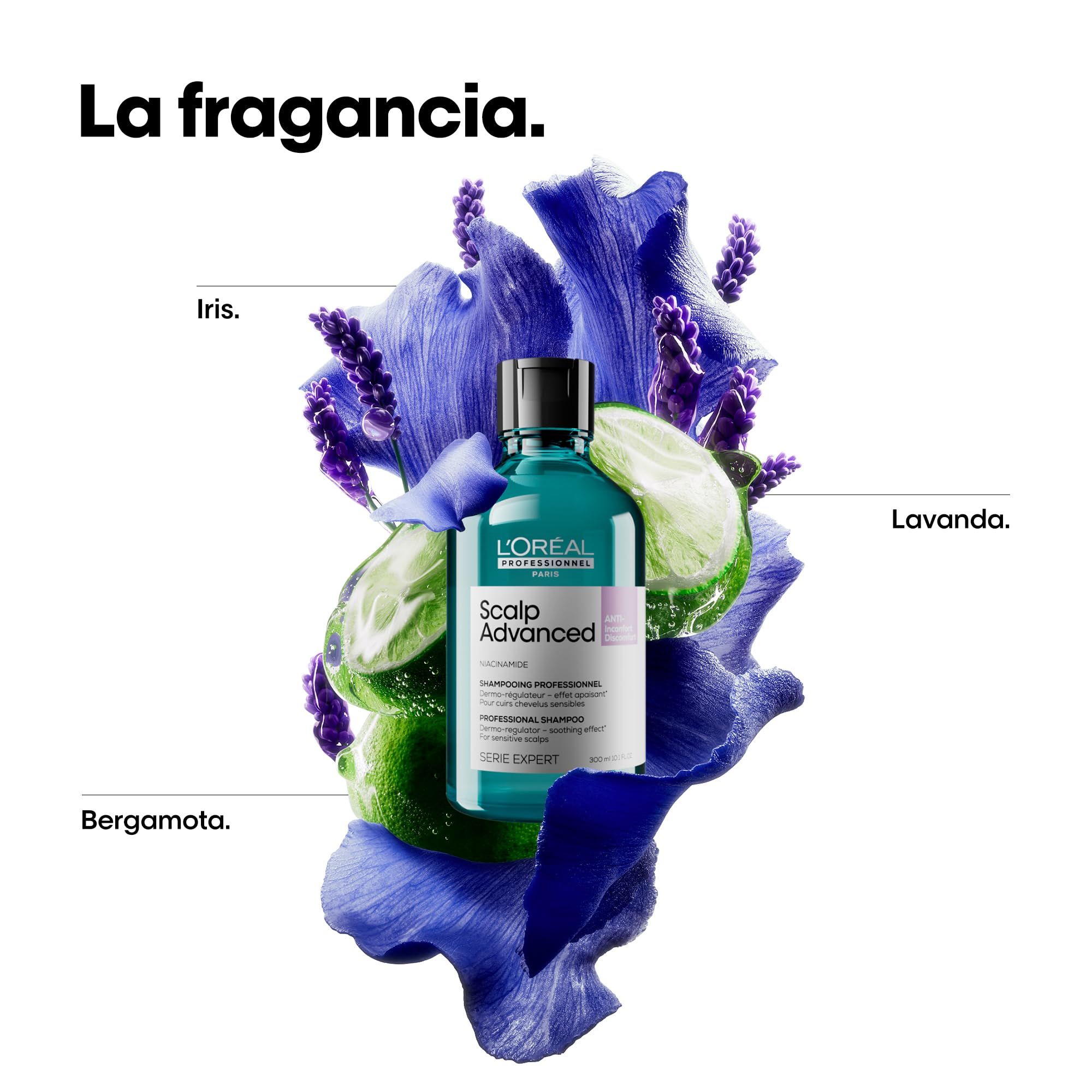Flacone di shampoo turchese con tappo nero, circondato da fiori ed erbe. Testo: Scalp Advanced.