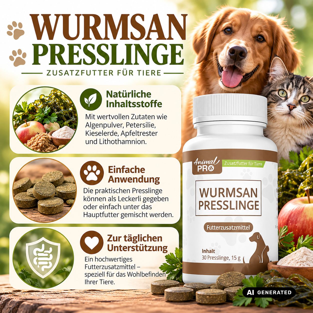 Flacone di 'WURMSAN PRESSLINGE' con 30 compresse, 15g. Contiene ingredienti naturali ed è per il supporto quotidiano.