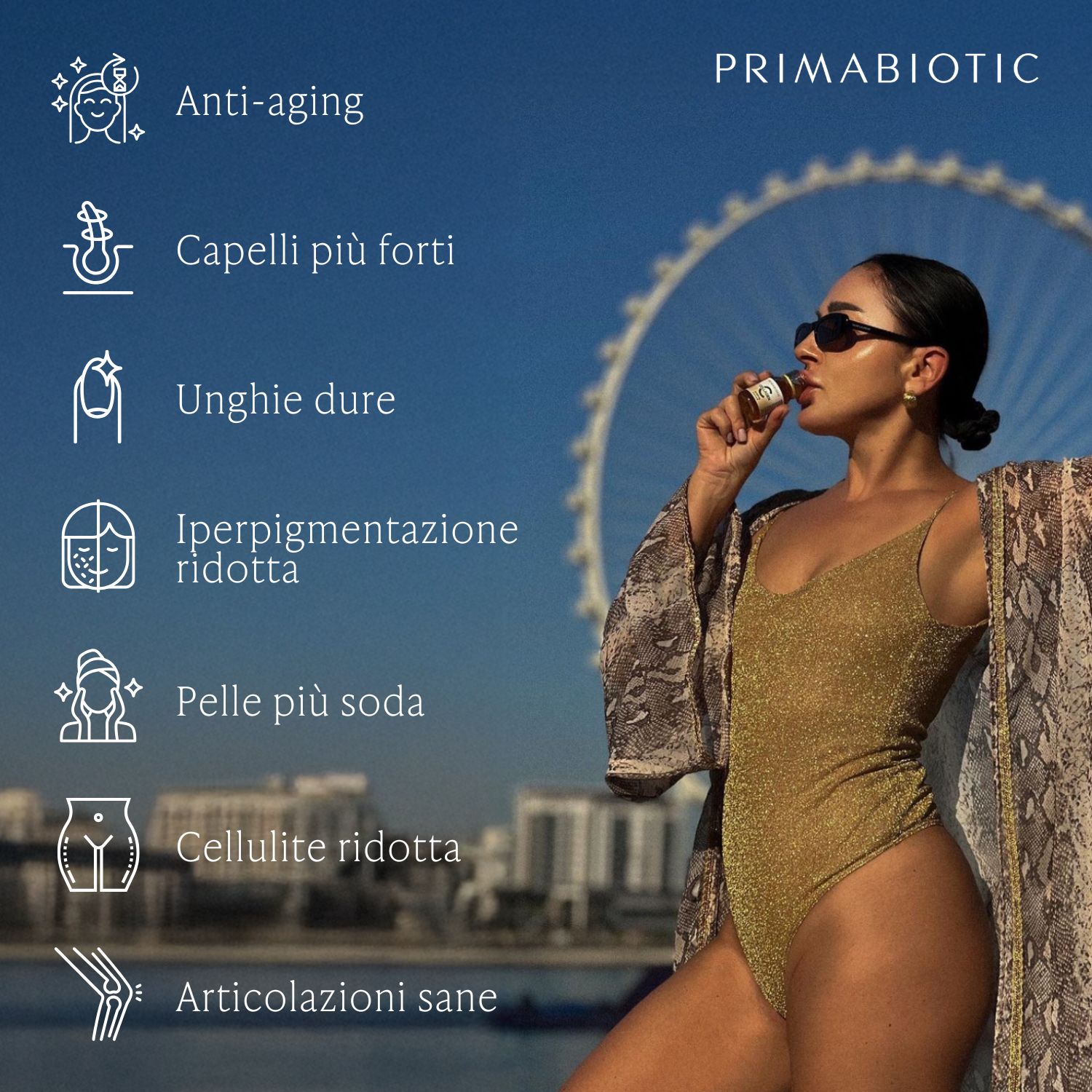 Donna con occhiali da sole tiene in mano una bottiglia. Scritta: Primabiotic Collagen, 10.000 mg. Vantaggi: anti-età, capelli più forti, ecc.