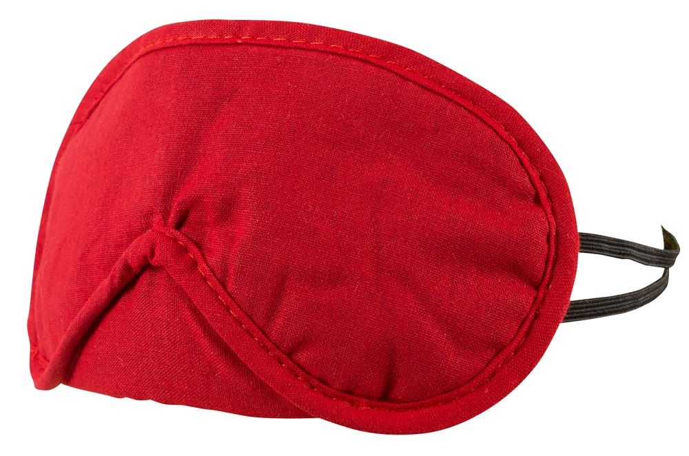 Maschera per gli occhi rossa con fascia elastica. La maschera è di forma ovale e in tessuto.