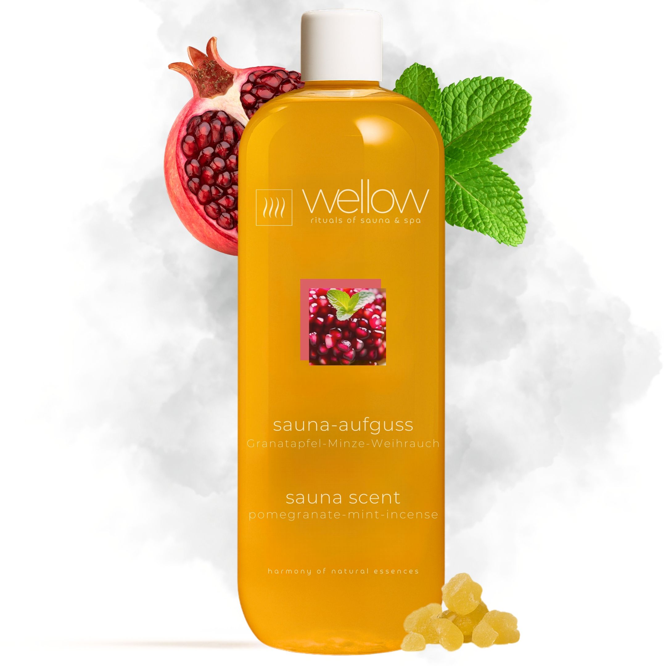 Bottiglia gialla con logo Wellow, melograno, menta e scritta incenso. Profumo per sauna, melograno-menta-incenso.