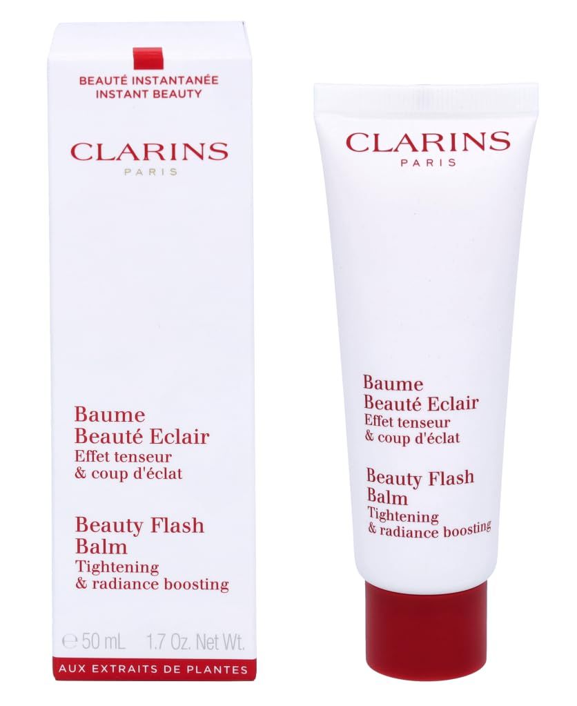 Tubo bianco con tappo rosso e scatola. Scritta: Clarins, Baume Beauté Eclair, Beauty Flash Balm.