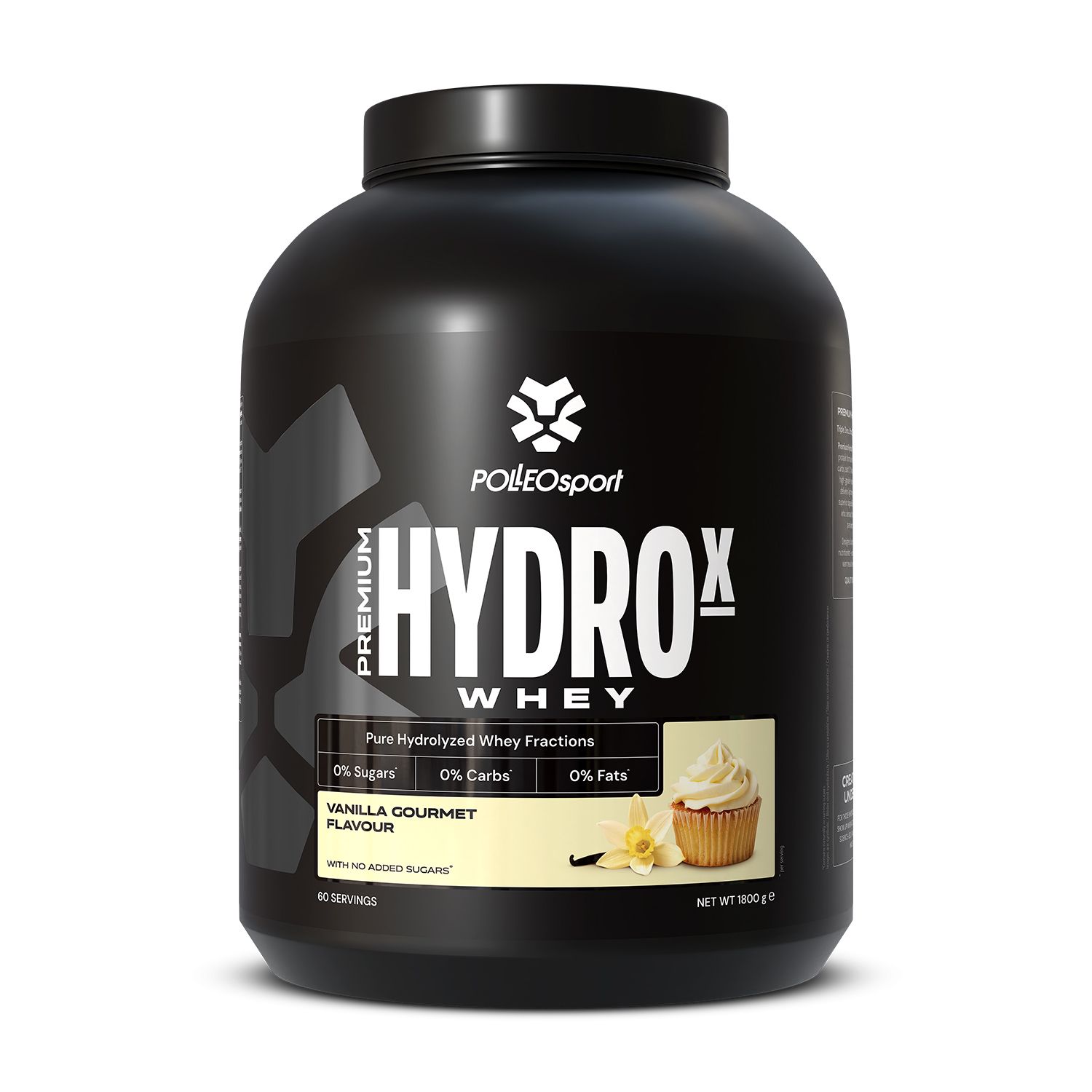 Barattolo nero "HYDROx Whey". Scritta "Vanilla Gourmet". Contiene 0% zuccheri, carboidrati e grassi. Marchio: PolleoSport.