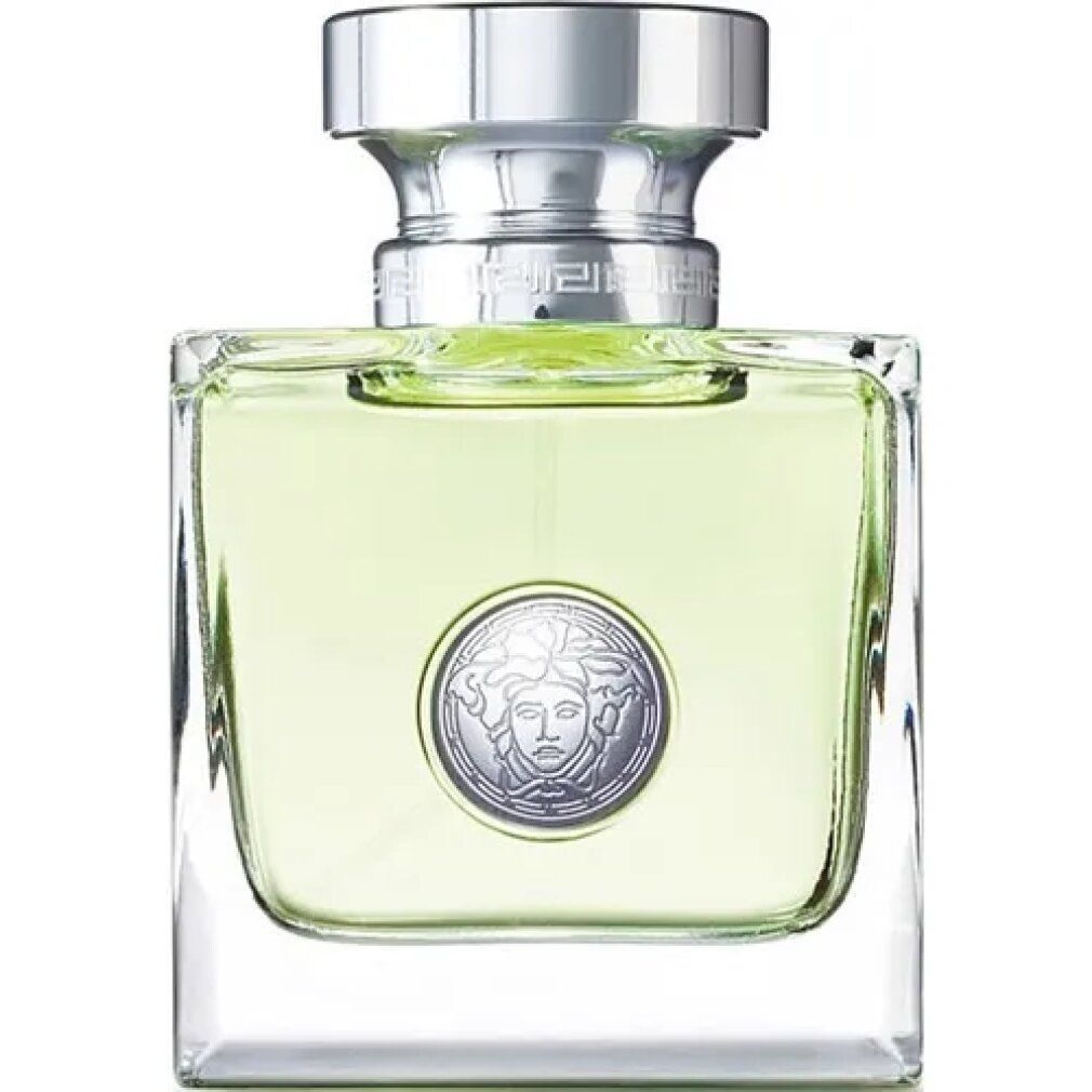 Versace Versense Eau de Toilette Spray. Flacone quadrato con tappo argentato. Logo sul flacone.