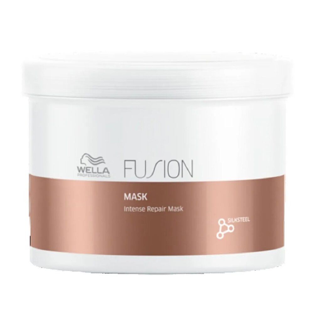 Vaso bianco con fascia marrone. Scritta: Wella Fusion Mask. Logo e simbolo Silkteel.