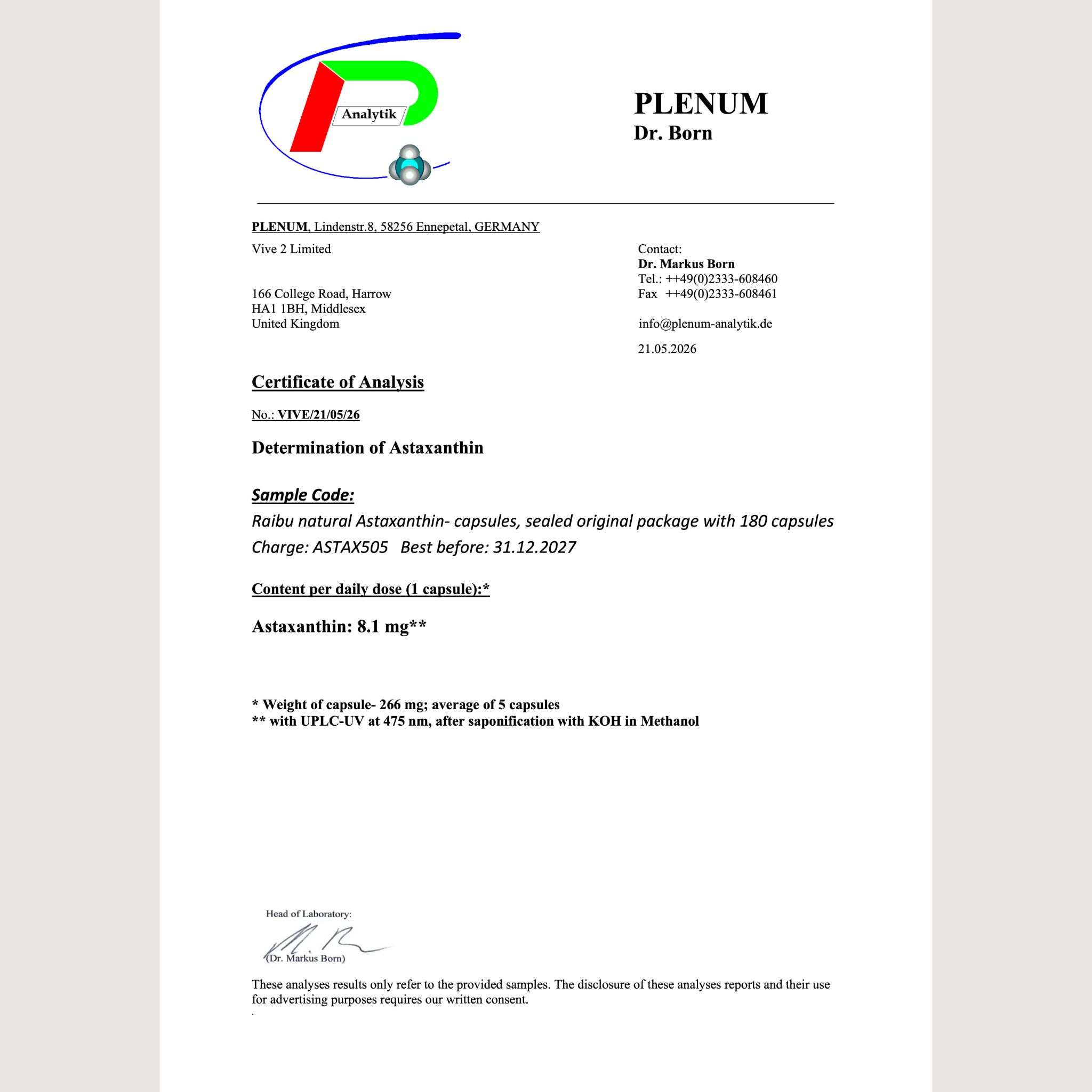 Certificato di analisi. Risultati dell'analisi per l'astaxantina. Prodotto: Raibu natural Astaxanthin-capsules.