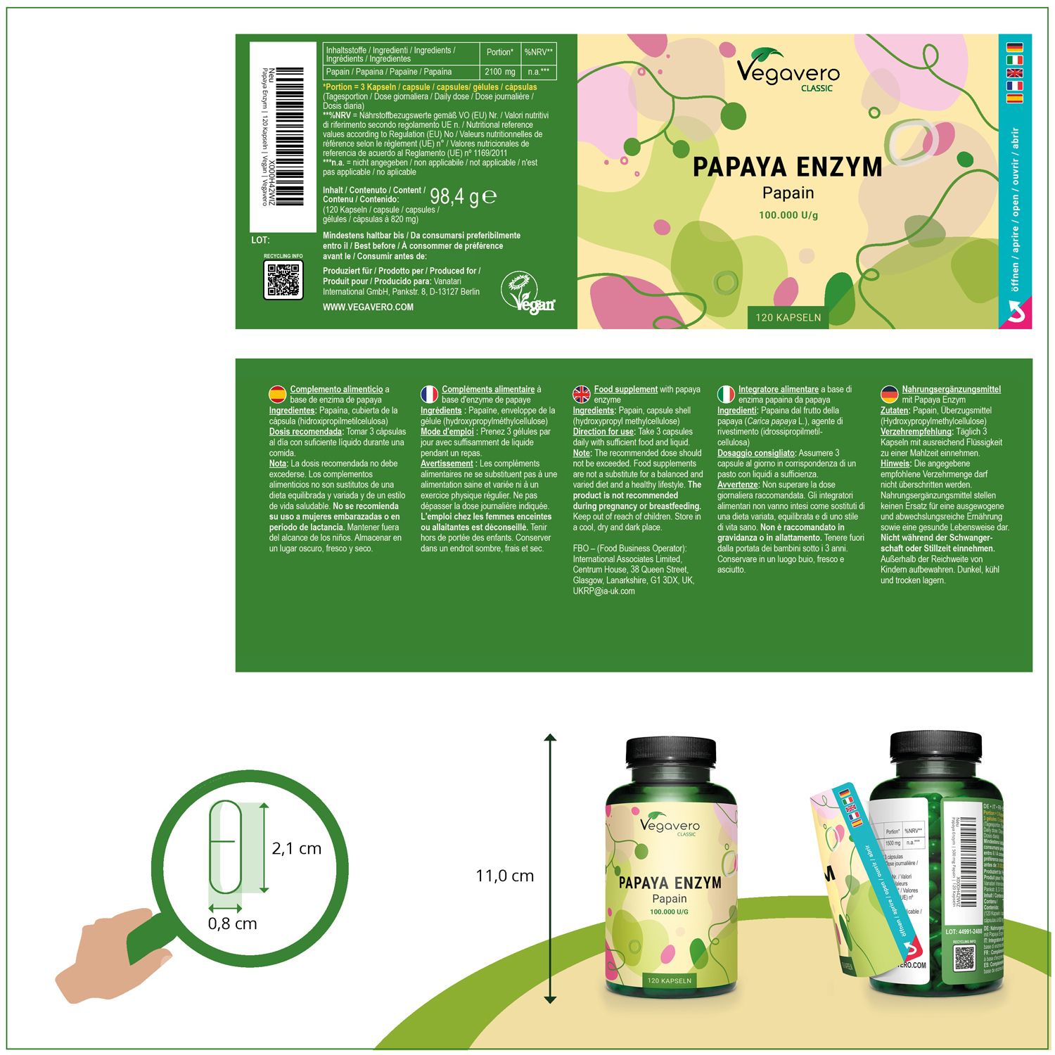 Confezione del prodotto con etichette. Bottiglia con 120 capsule, etichetta con informazioni. Confronto dimensioni capsule: 2,1 x 0,8 cm.